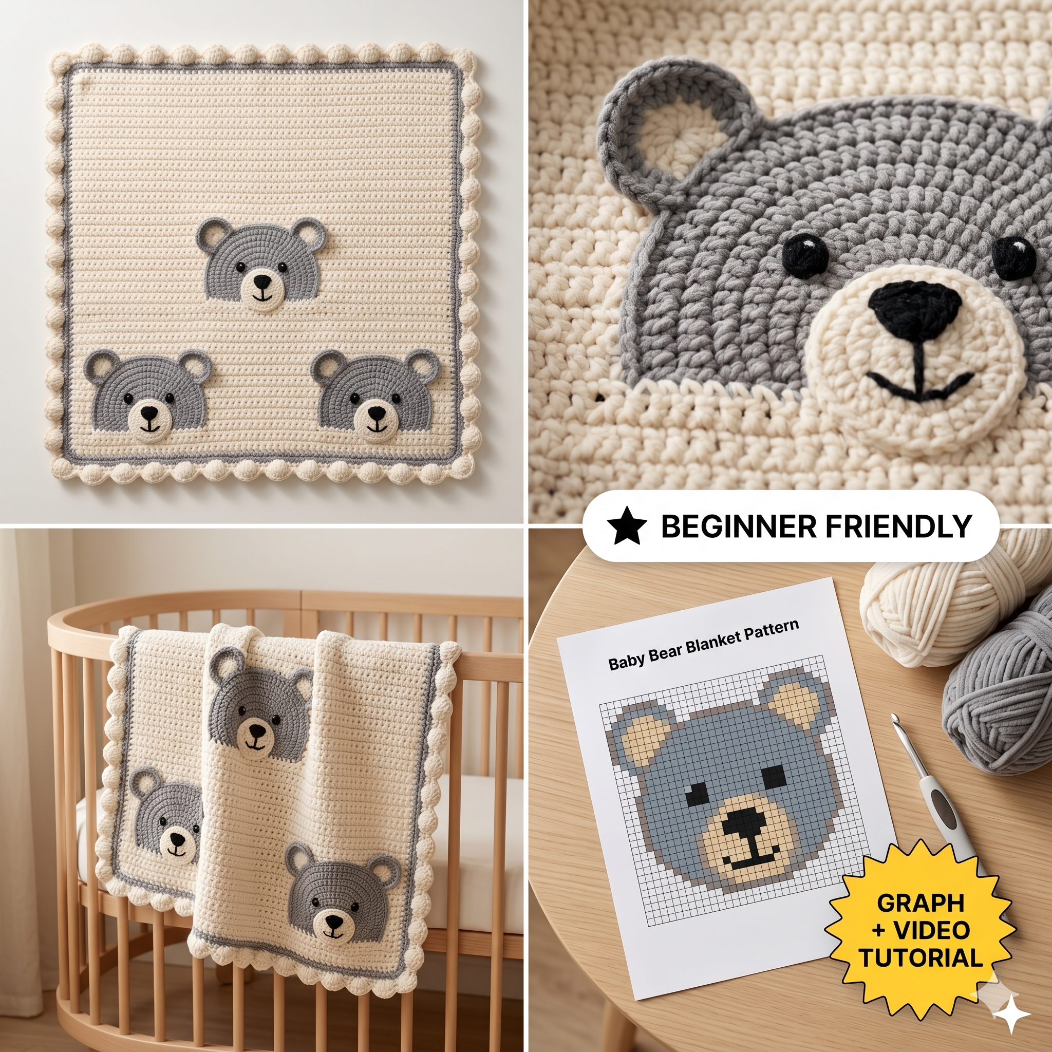 Crochet Baby Bear Blanket Pattern – Beginner Friendly, with Video Tutorial (PDF Pattern) - No Sewing Machine needed