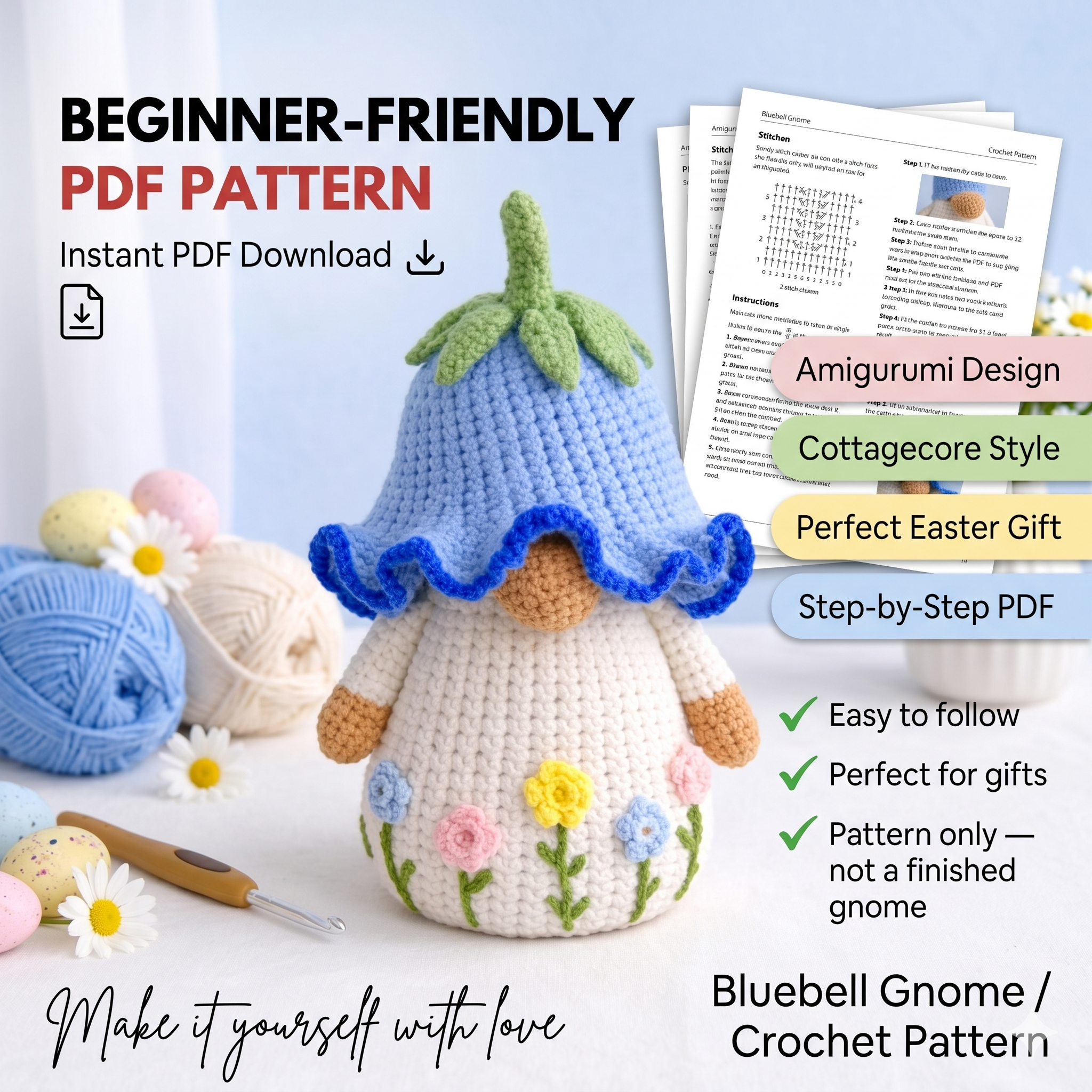 Crochet Bluebell Gnome Pattern PDF, Amigurumi Nursery Room Tutorial, Beginner Friendly Digital Download