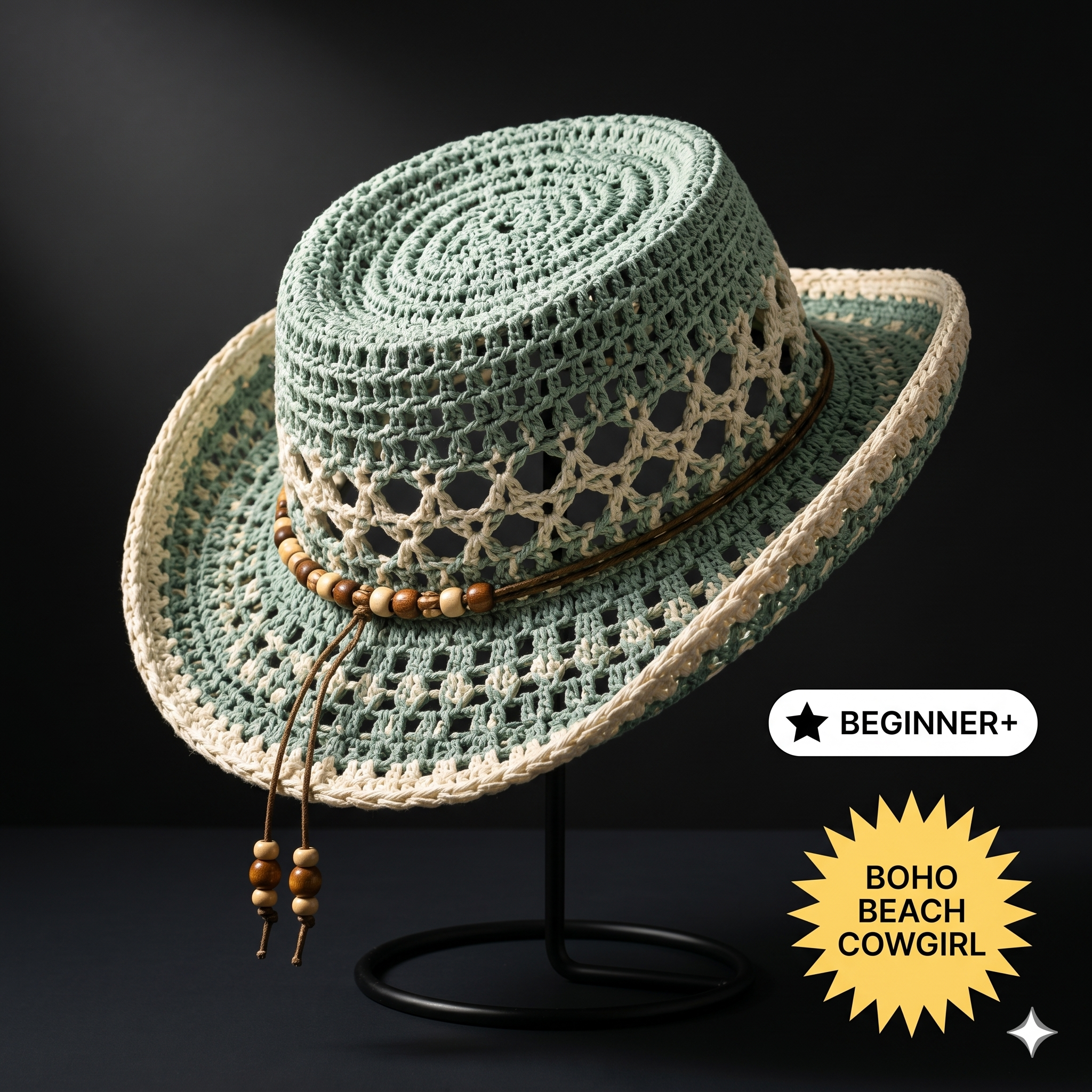 Crochet Cowboy Hat Pattern PDF, Beach Girl Summer Hat Crochet Pattern, Mesh Western Hat Tutorial, Boho Cowgirl Hat DIY, Festival Hat Pattern