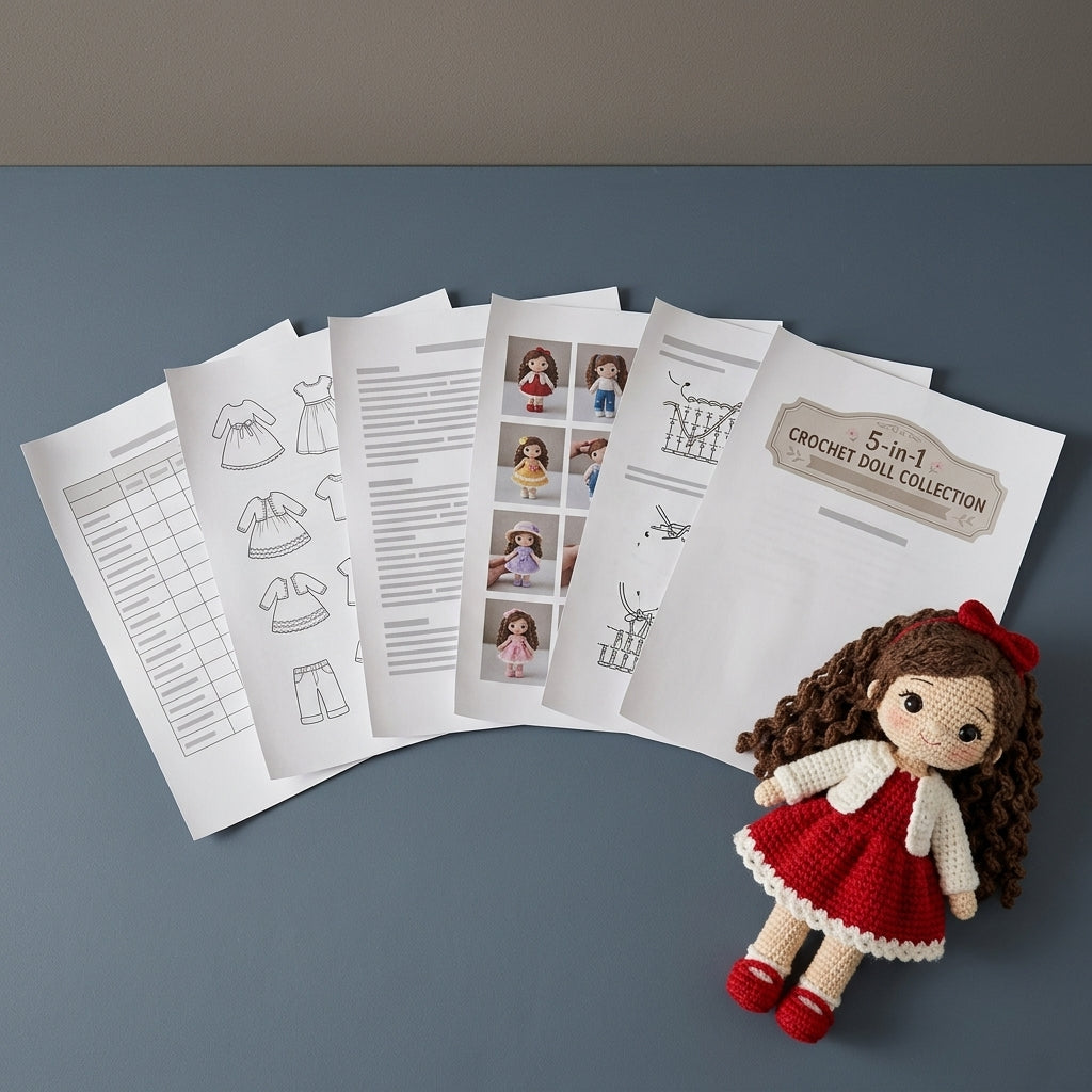 Crochet Doll Pattern PDF, 5 in 1 Doll Collection, One Base Doll with 5 Outfits, Dresses, Cardigan, Sweater and Jeans