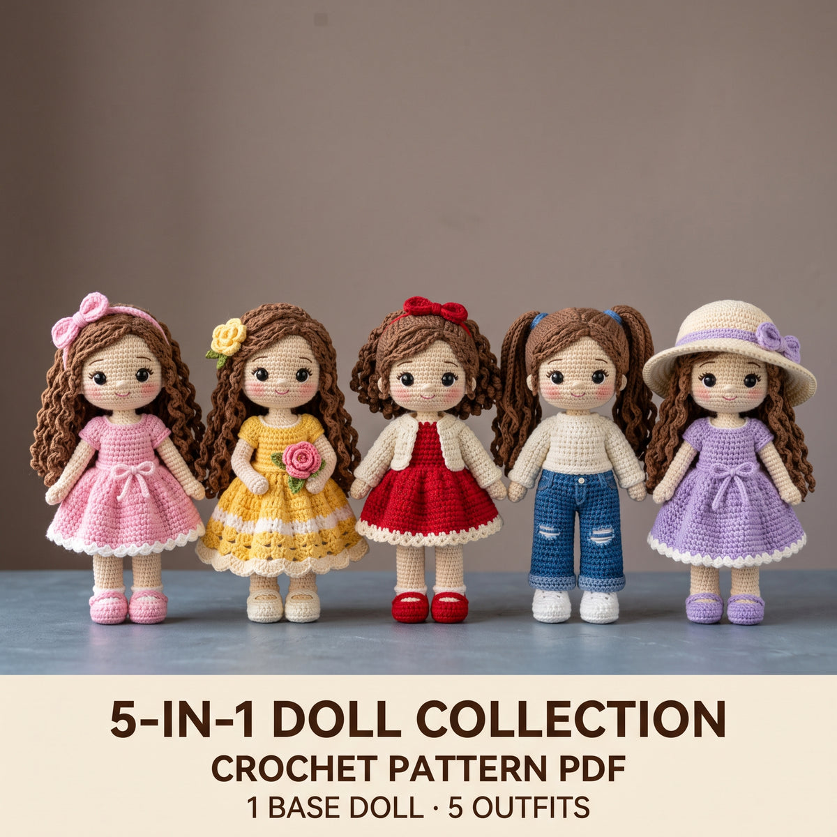 Crochet Doll Pattern PDF, 5 in 1 Doll Collection, One Base Doll with 5 Outfits, Dresses, Cardigan, Sweater and Jeans