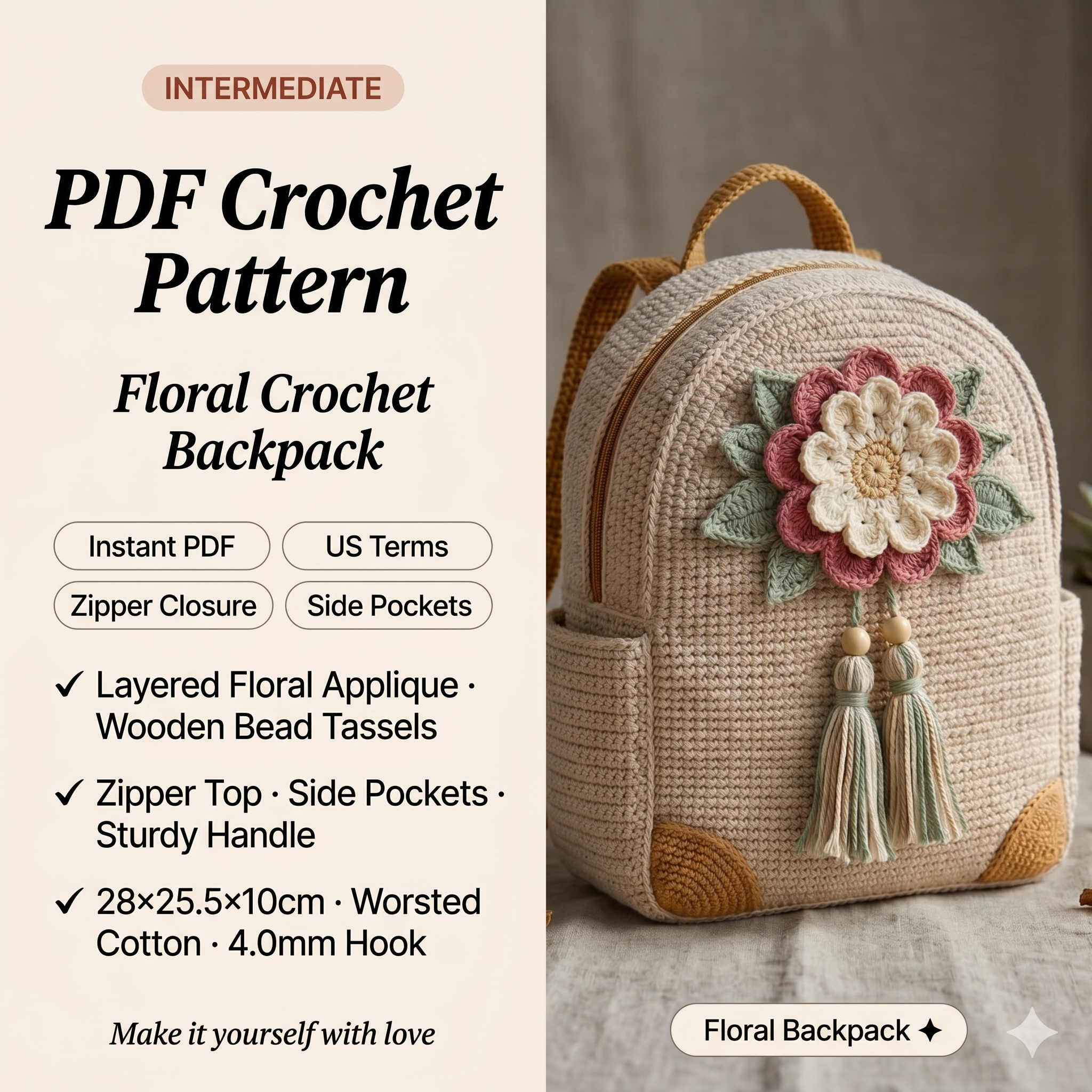 Crochet Floral Backpack Pattern PDF, Chic Boho Mini Backpack, Small Crochet Bag Pattern, Zipper Backpack DIY, Sturdy Bag Design
