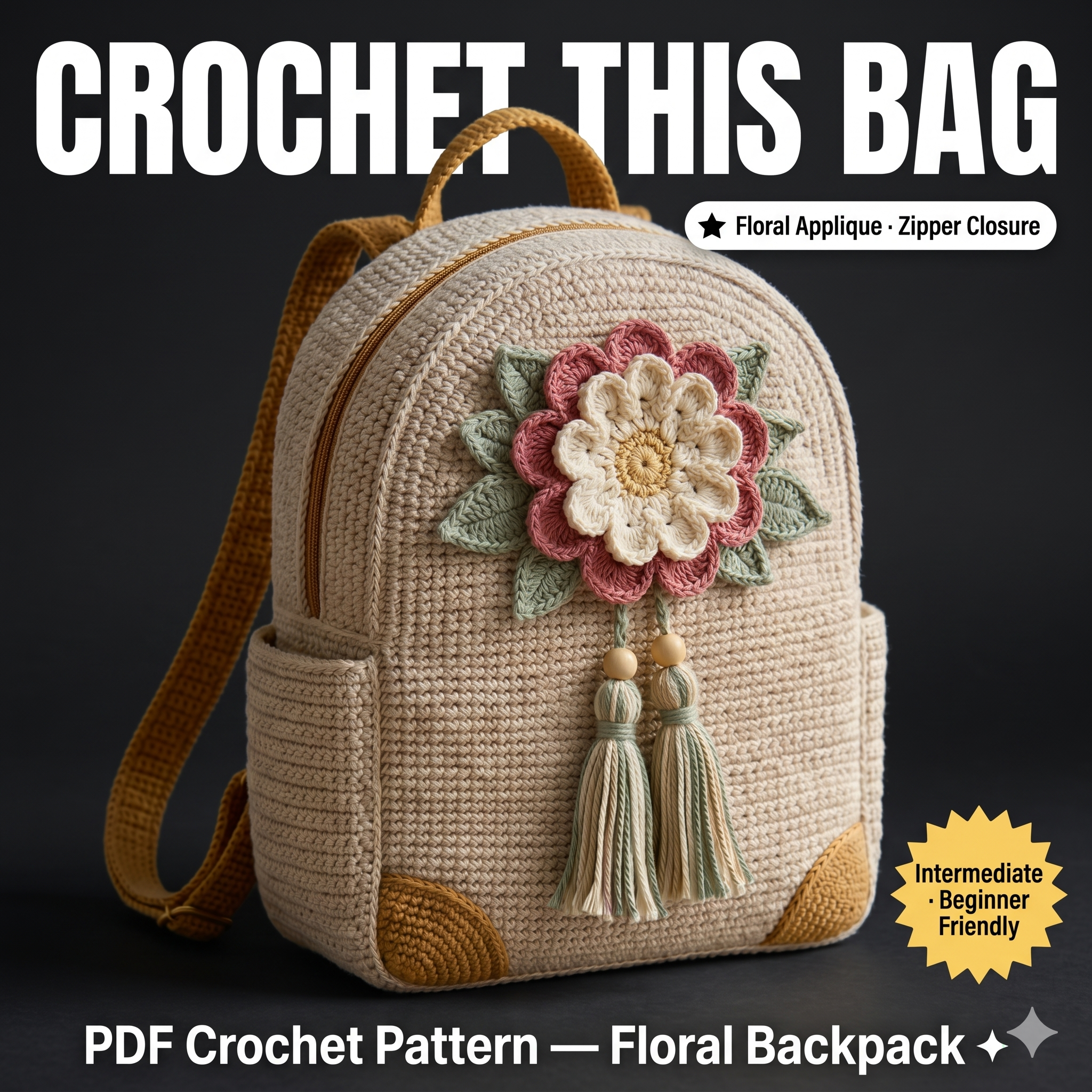 Crochet Floral Backpack Pattern PDF, Chic Boho Mini Backpack, Small Crochet Bag Pattern, Zipper Backpack DIY, Sturdy Bag Design