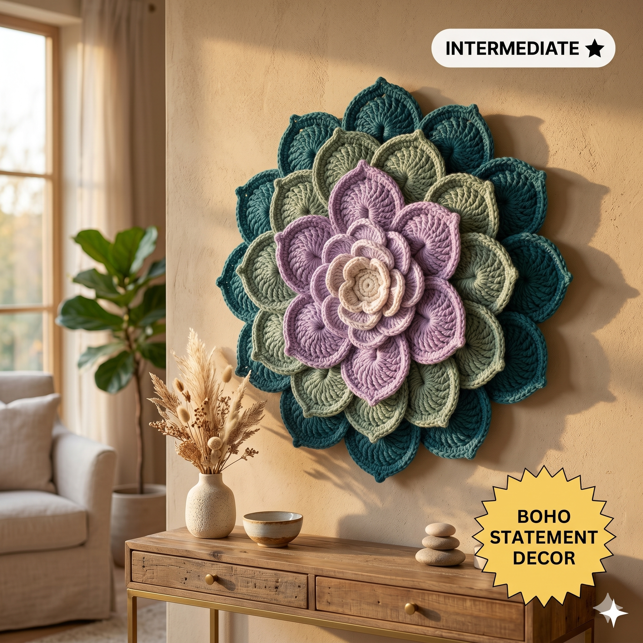 Crochet Flower Wall Hanging Pattern, Crochet Floral Mandala, Leaf Arrangement Crochet Pattern, Crochet Wall Decor, Boho Home Decor Pattern