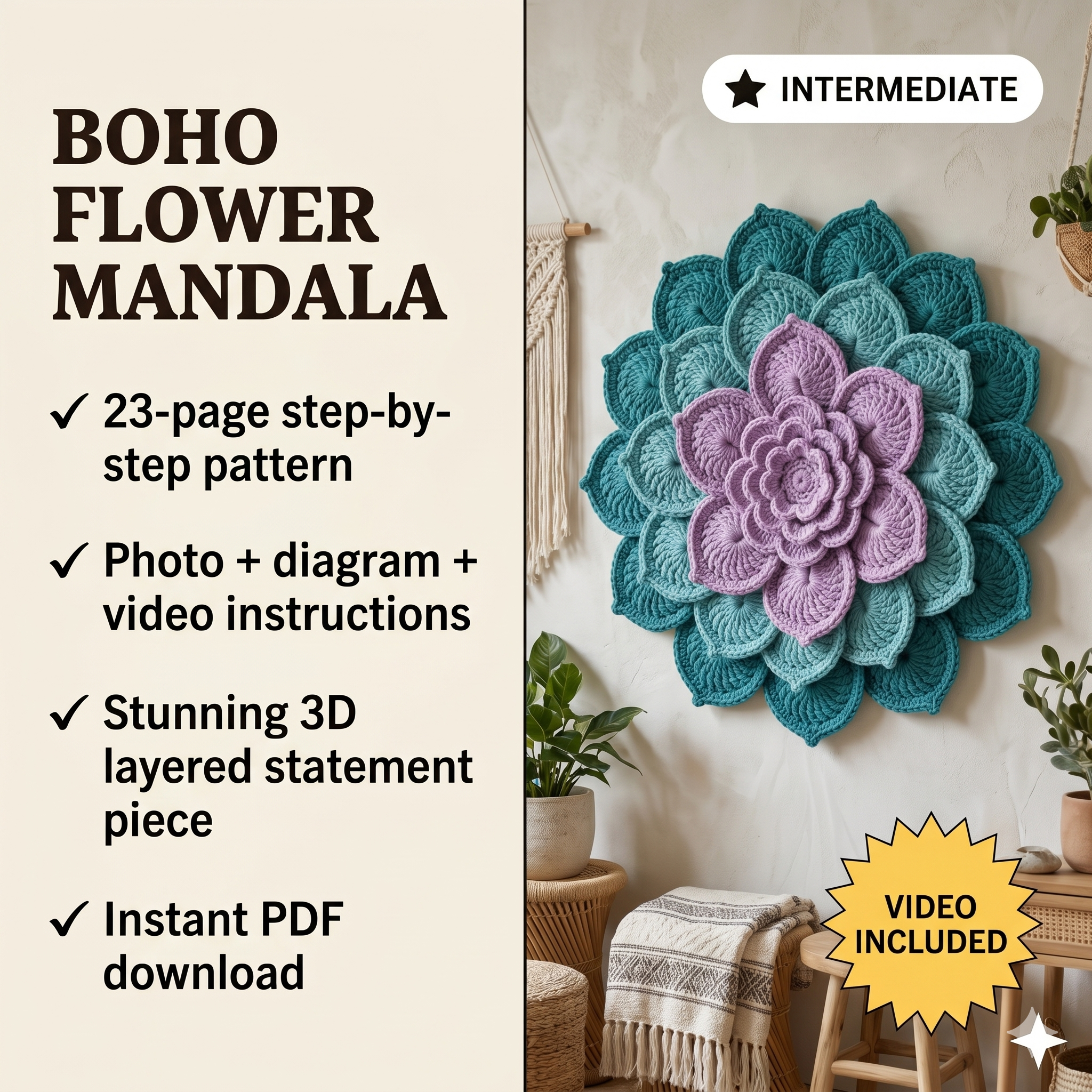 Crochet Flower Wall Hanging Pattern, Crochet Floral Mandala, Leaf Arrangement Crochet Pattern, Crochet Wall Decor, Boho Home Decor Pattern