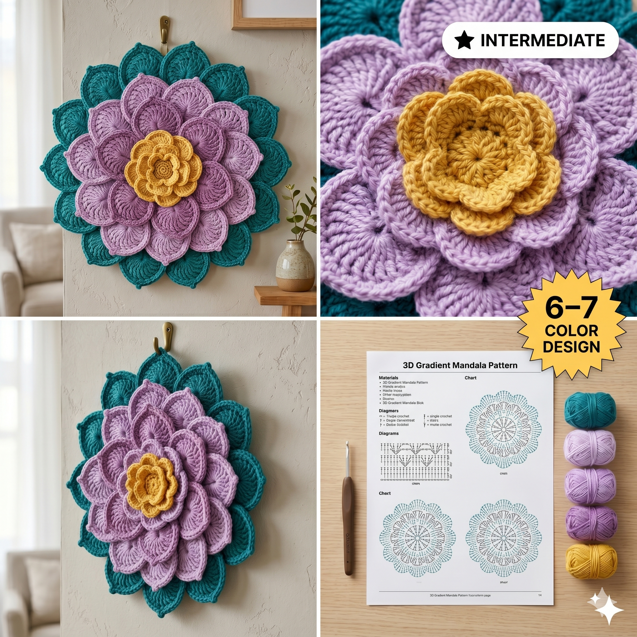 Crochet Flower Wall Hanging Pattern, Crochet Floral Mandala, Leaf Arrangement Crochet Pattern, Crochet Wall Decor, Boho Home Decor Pattern