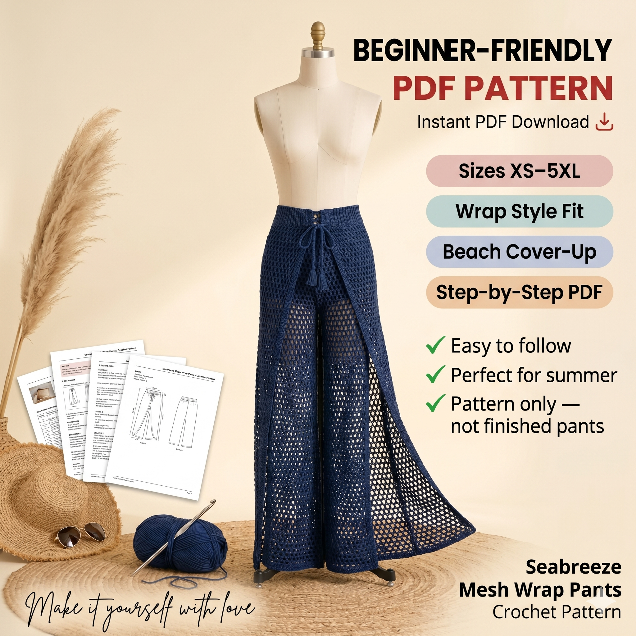 Crochet Mesh Wrap Pants Pattern PDF – Boho Crochet Pants – Beach Cover Up Pants – Crochet Clothing Pattern XS–5XL