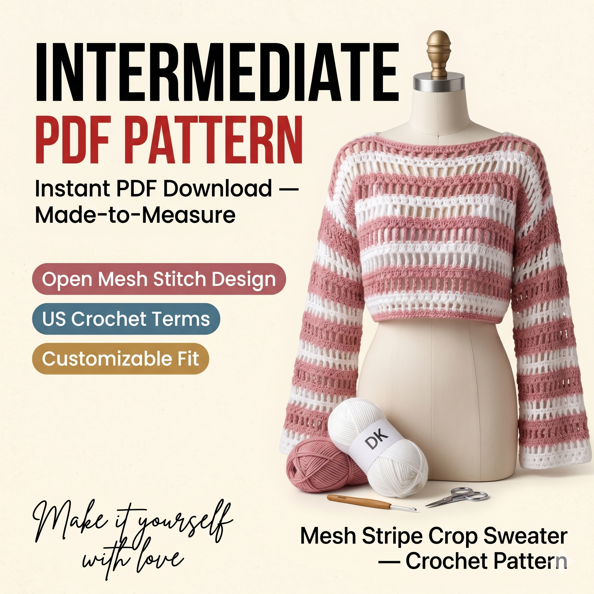 Crochet Mesh Sweater Pattern PDF, Striped Crochet Crop Top Pattern, Open Stitch Summer Crochet Sweater, Made to Measure Crochet Pullover Top