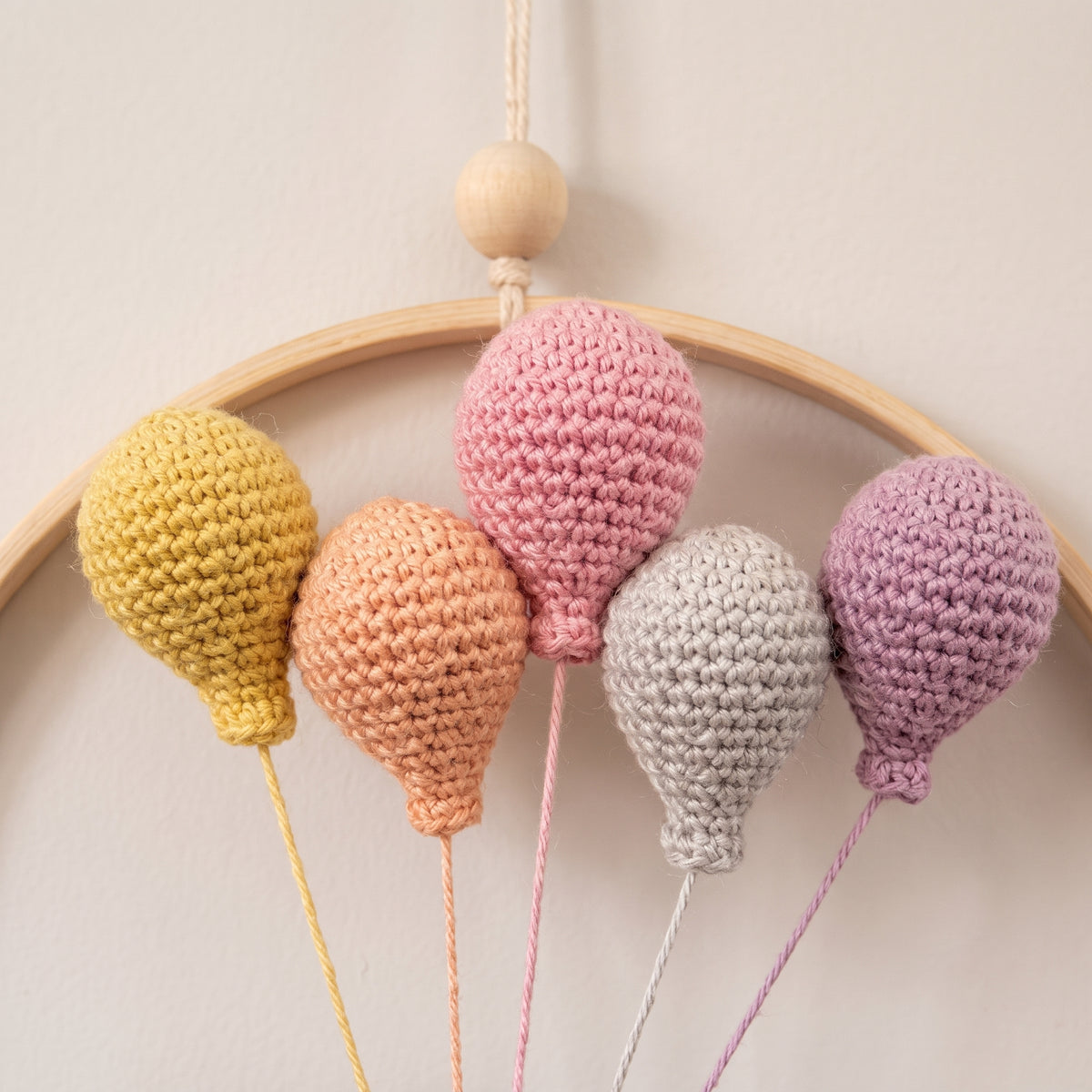 Crochet Nursery Wall Hanging Pattern PDF, Bunny with Balloons in a Wooden Hoop, Amigurumi Baby Room Decor