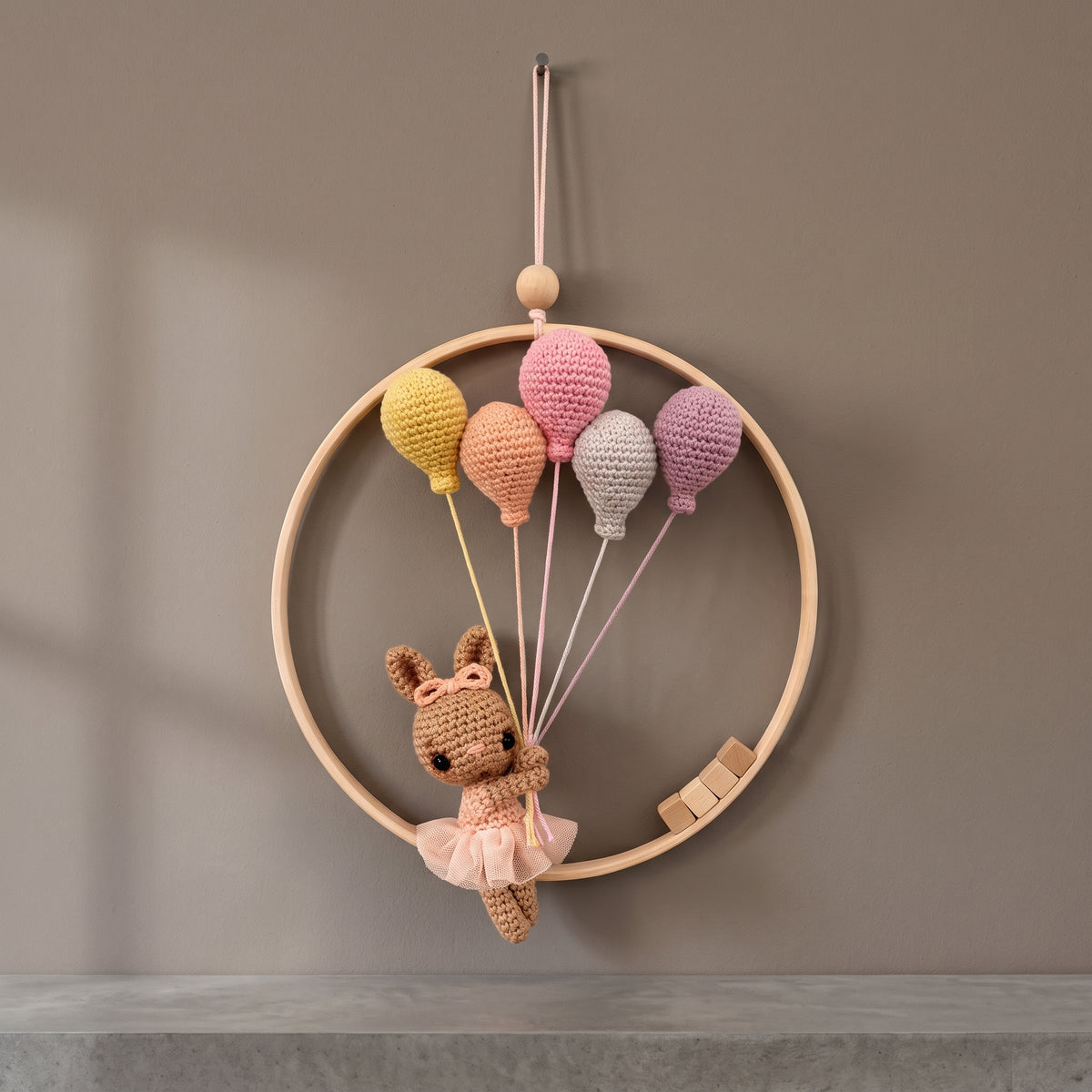 Crochet Nursery Wall Hanging Pattern PDF, Bunny with Balloons in a Wooden Hoop, Amigurumi Baby Room Decor