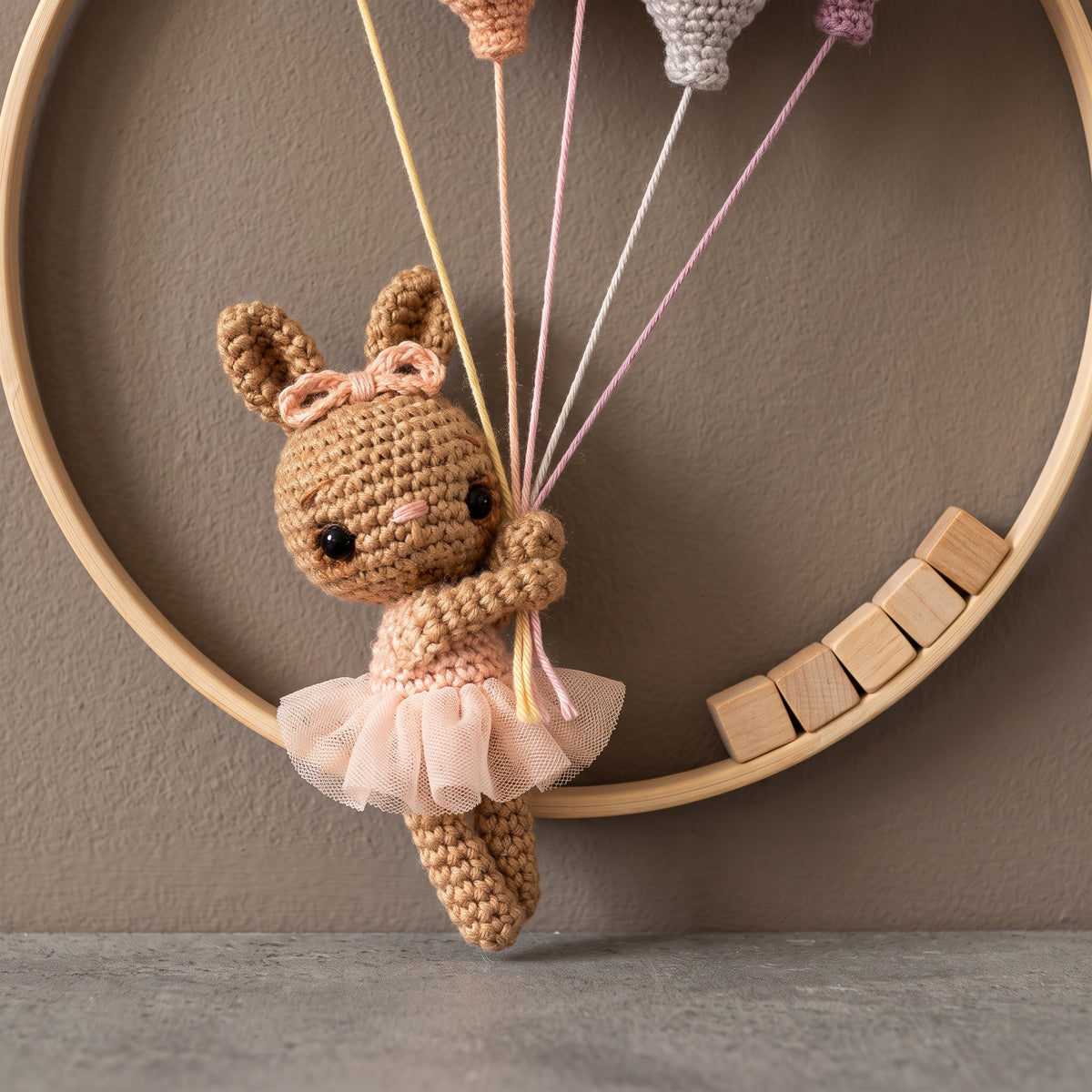Crochet Nursery Wall Hanging Pattern PDF, Bunny with Balloons in a Wooden Hoop, Amigurumi Baby Room Decor