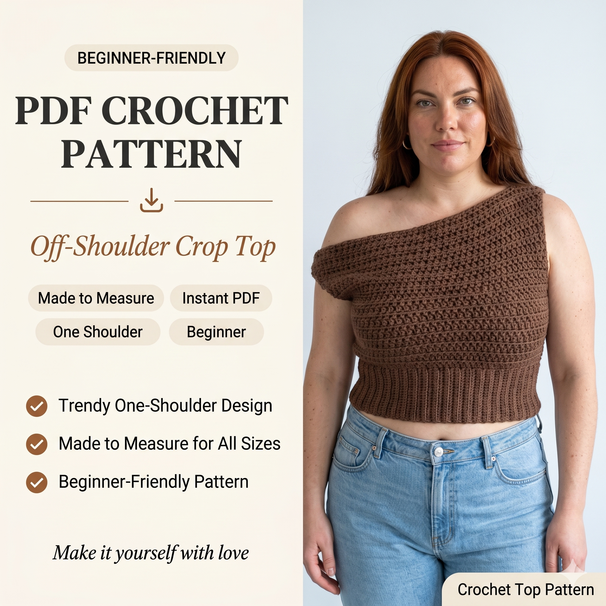 Crochet Off Shoulder Top Pattern PDF, One Shoulder Crochet Crop Top Pattern, Beginner Crochet Top, Summer DIY, Made to Measure