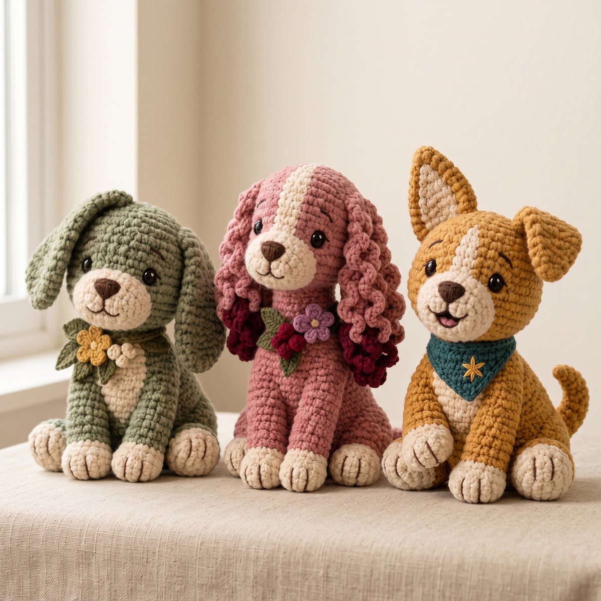 Crochet Puppy Pattern Bundle PDF, 3 Seated Plush Dogs, Floppy Ear, Curly Spaniel and Odd Ear Puppy, Amigurumi Dog