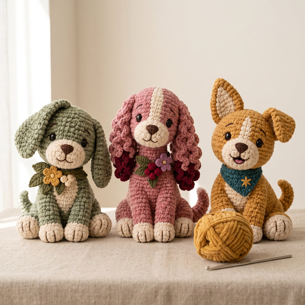 Crochet Puppy Pattern Bundle PDF, 3 Seated Plush Dogs, Floppy Ear, Curly Spaniel and Odd Ear Puppy, Amigurumi Dog