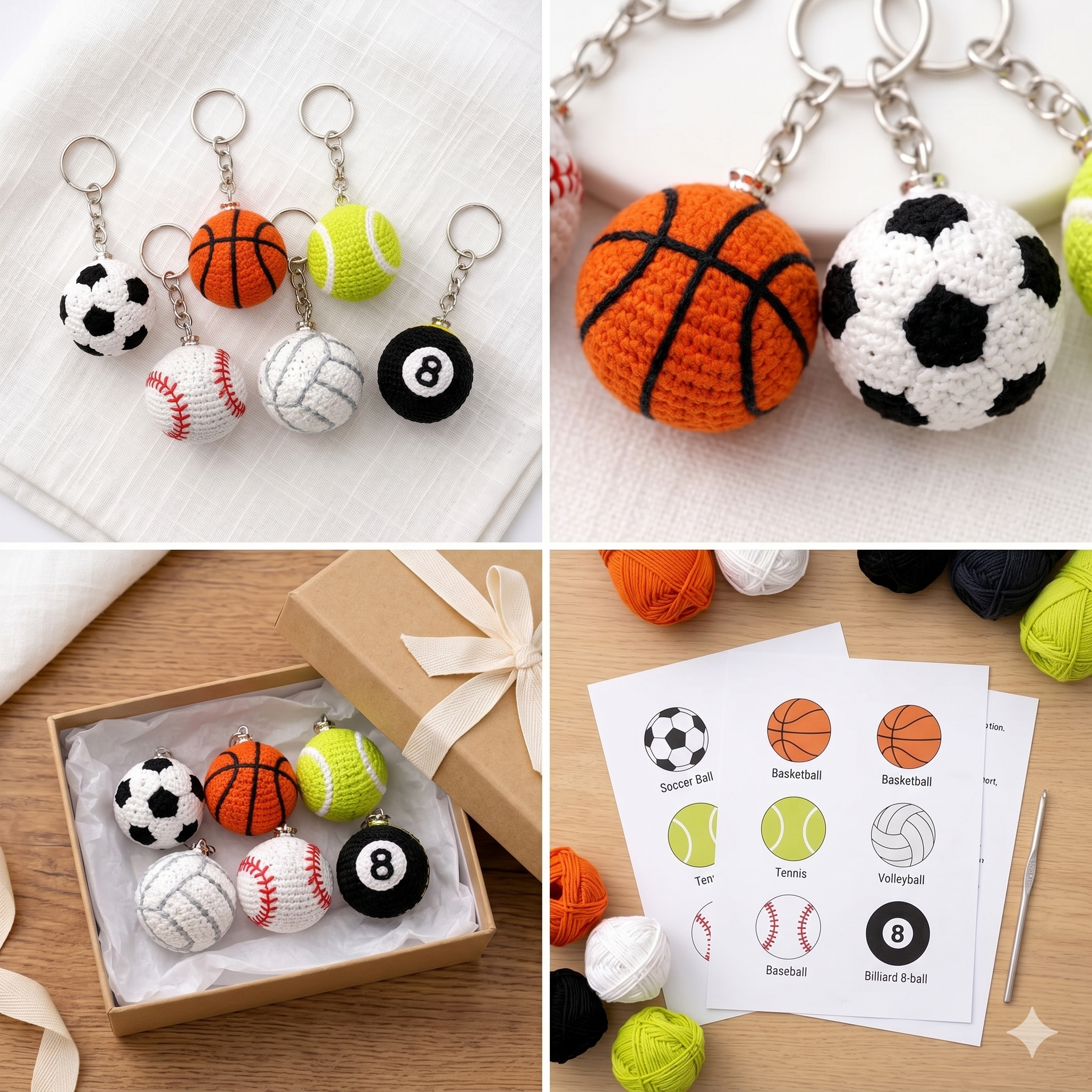 Crochet Sports Ball Keychain Pattern Bundle, Mini Amigurumi Set PDF (Digital Download)