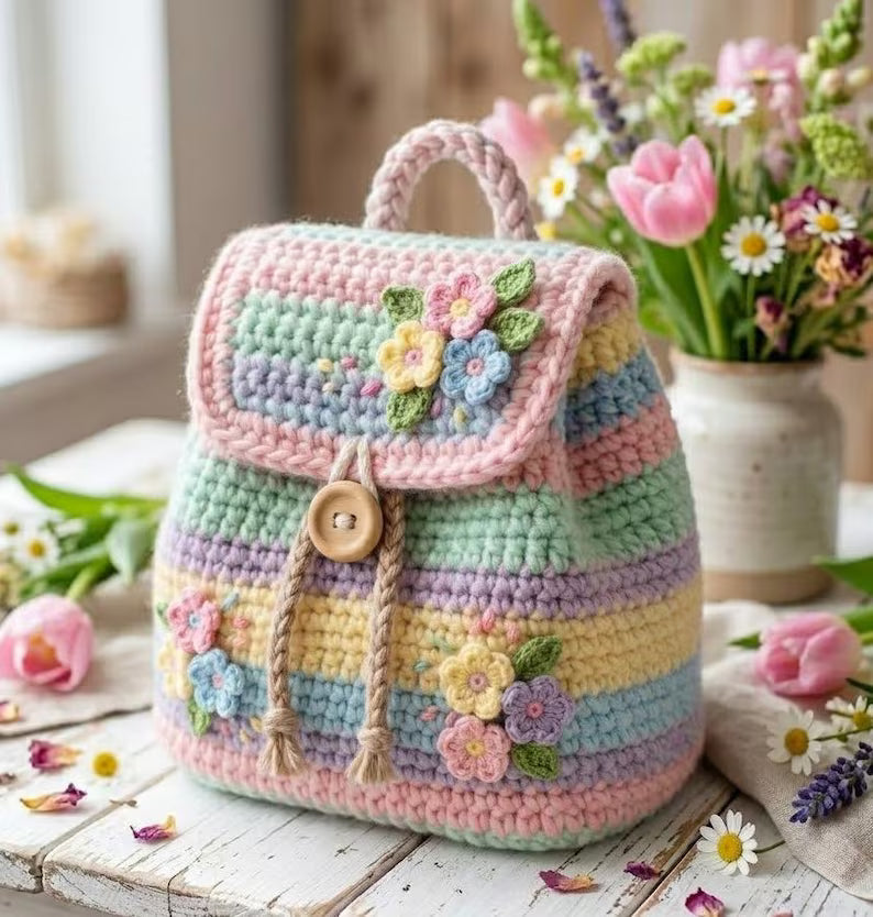 Crochet Spring Flower Backpack Pattern (PDF), Pastel Kids Bag Tutorial