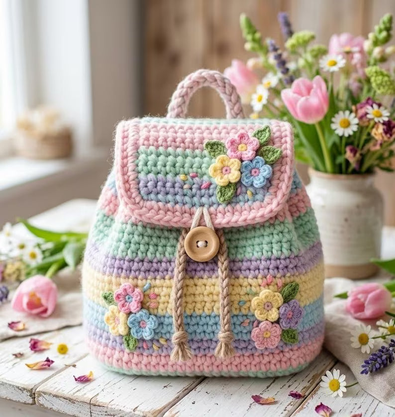 Crochet Spring Flower Backpack Pattern (PDF), Pastel Kids Bag Tutorial