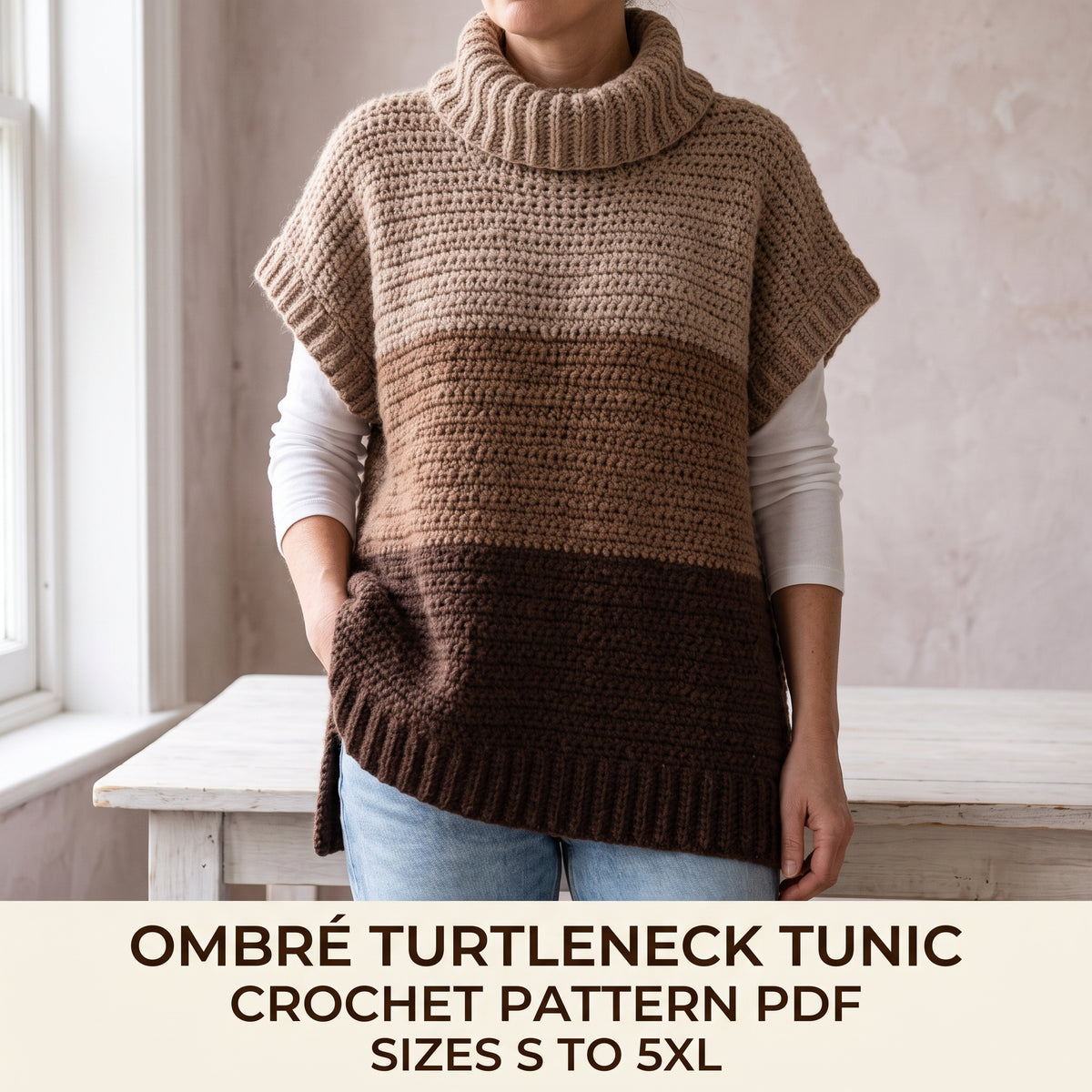 Crochet Tunic Pattern PDF, Oversized Turtleneck Tunic with Side Slits, Ombré Brown, Sizes S to 5XL, Beginner
