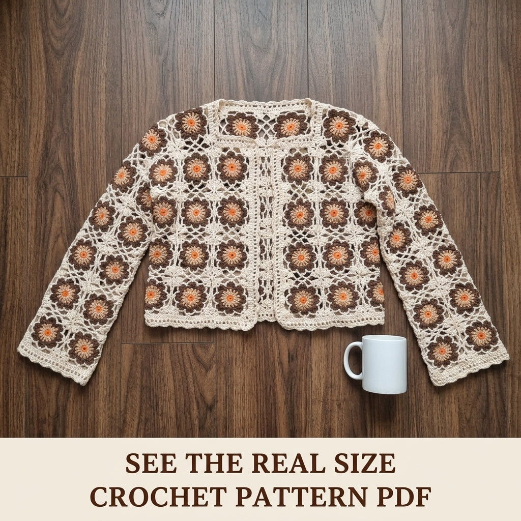 Brown Flower Square Cardigan Crochet Pattern PDF – Cropped Boho Cardigan