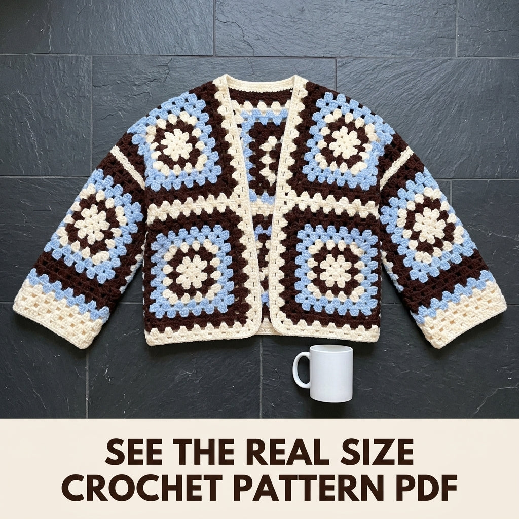 Chocolate and Sky Granny Square Cardigan Crochet Pattern PDF – Boxy Brown and Blue Cardigan