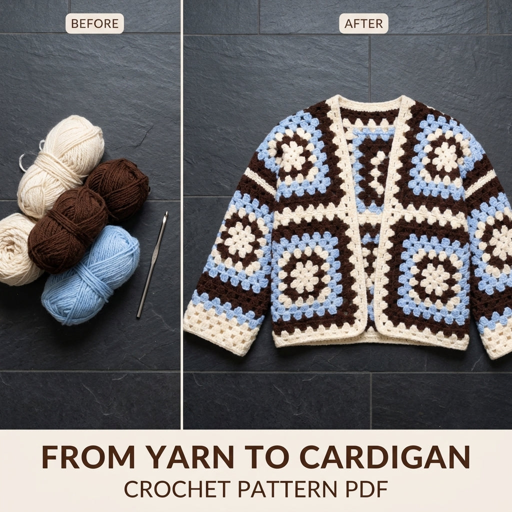 Chocolate and Sky Granny Square Cardigan Crochet Pattern PDF – Boxy Brown and Blue Cardigan