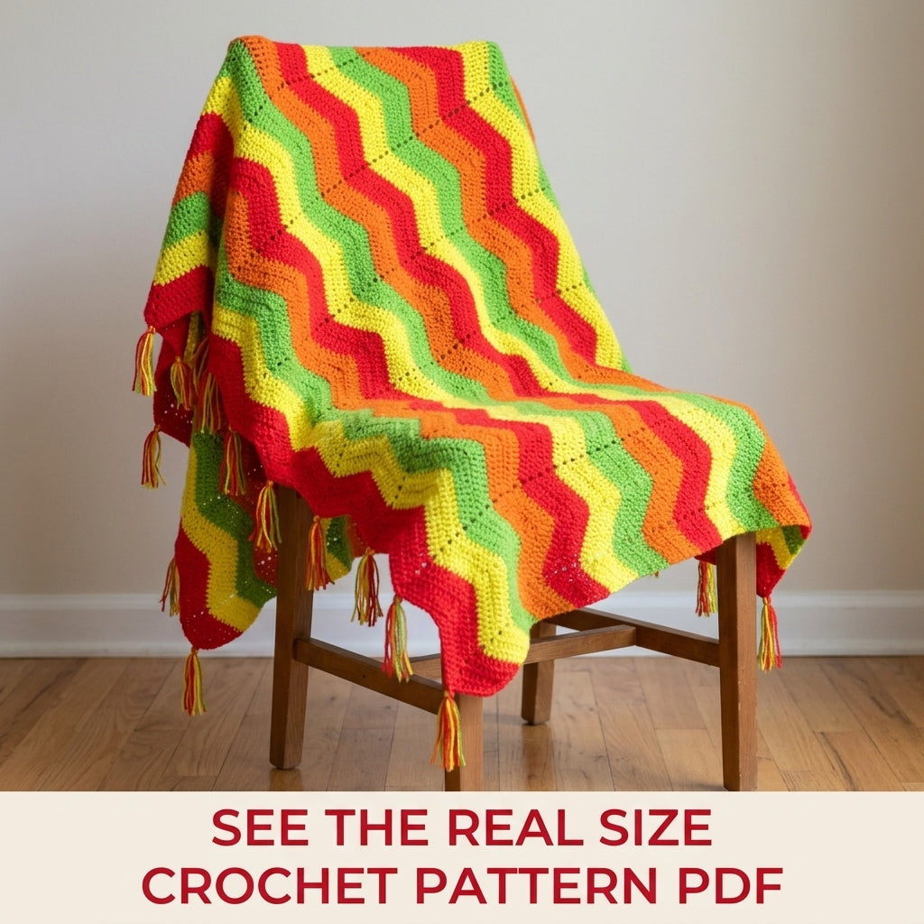 Bright Ripple Blanket Crochet Pattern PDF – Bright Zigzag Afghan with Tassels