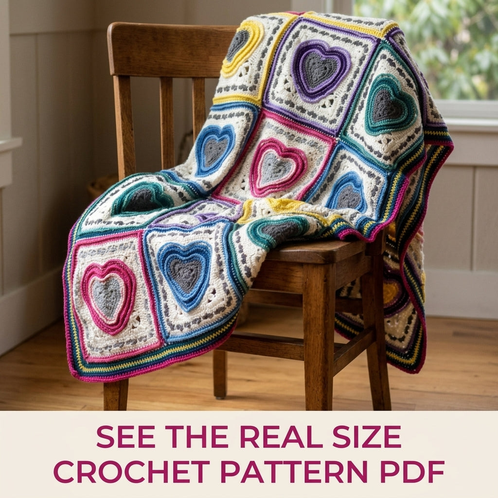 Rainbow Heart Granny Square Blanket Crochet Pattern PDF – Hearts Afghan