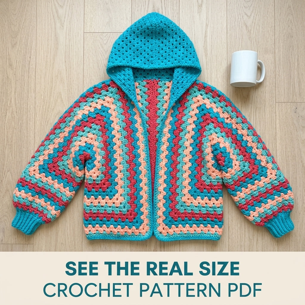 Hooded Hexagon Cardigan Crochet Pattern PDF – Granny Stripe Hoodie Cardigan
