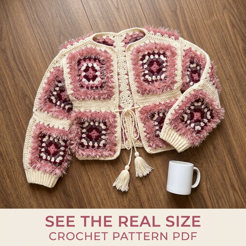 Fluffy Pink Cardigan Crochet Pattern PDF – Granny Square Cropped Tie Cardigan