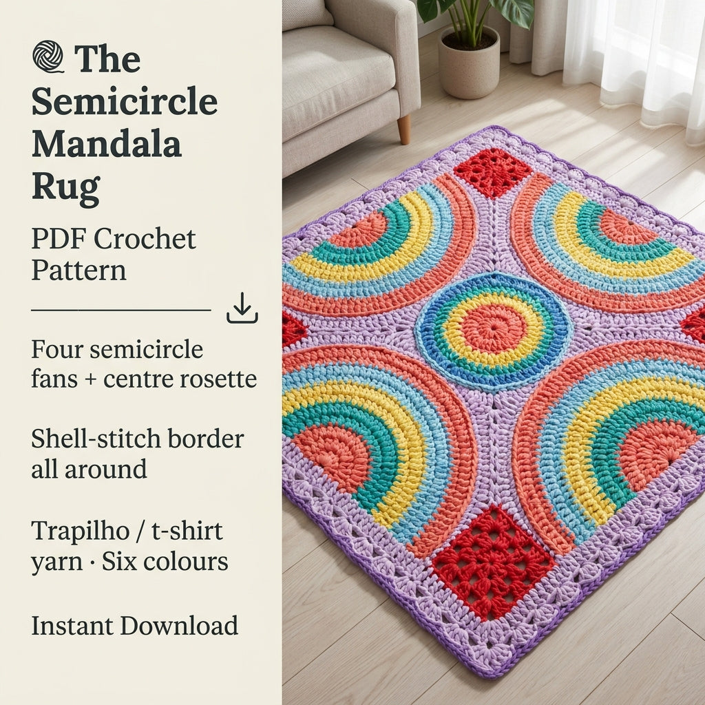 Crochet Rug Pattern PDF | Trapilho Semicircle Mandala Rug | T-Shirt Yarn | Instant Download