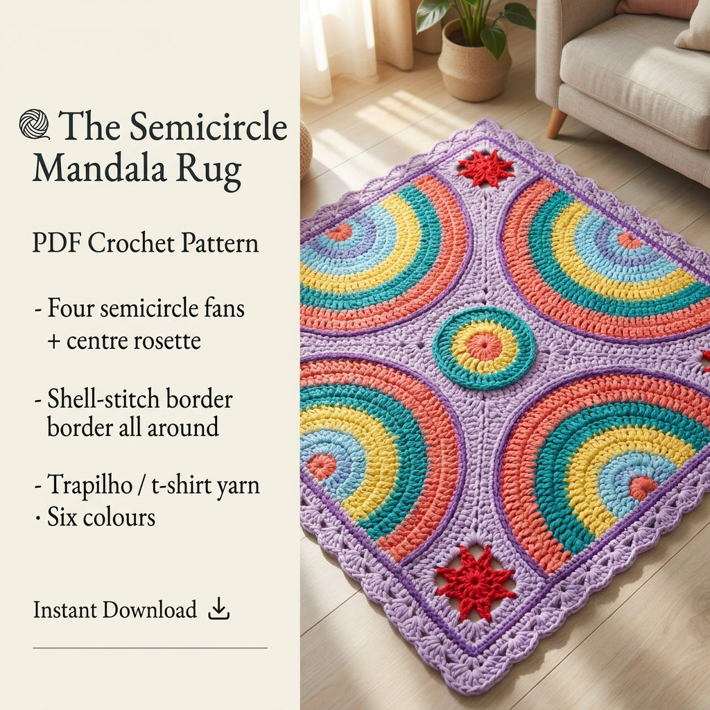 Crochet Rug Pattern PDF | Trapilho Semicircle Mandala Rug | T-Shirt Yarn | Instant Download