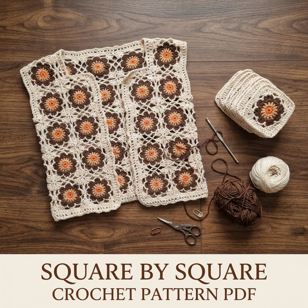 Brown Flower Square Cardigan Crochet Pattern PDF – Cropped Boho Cardigan