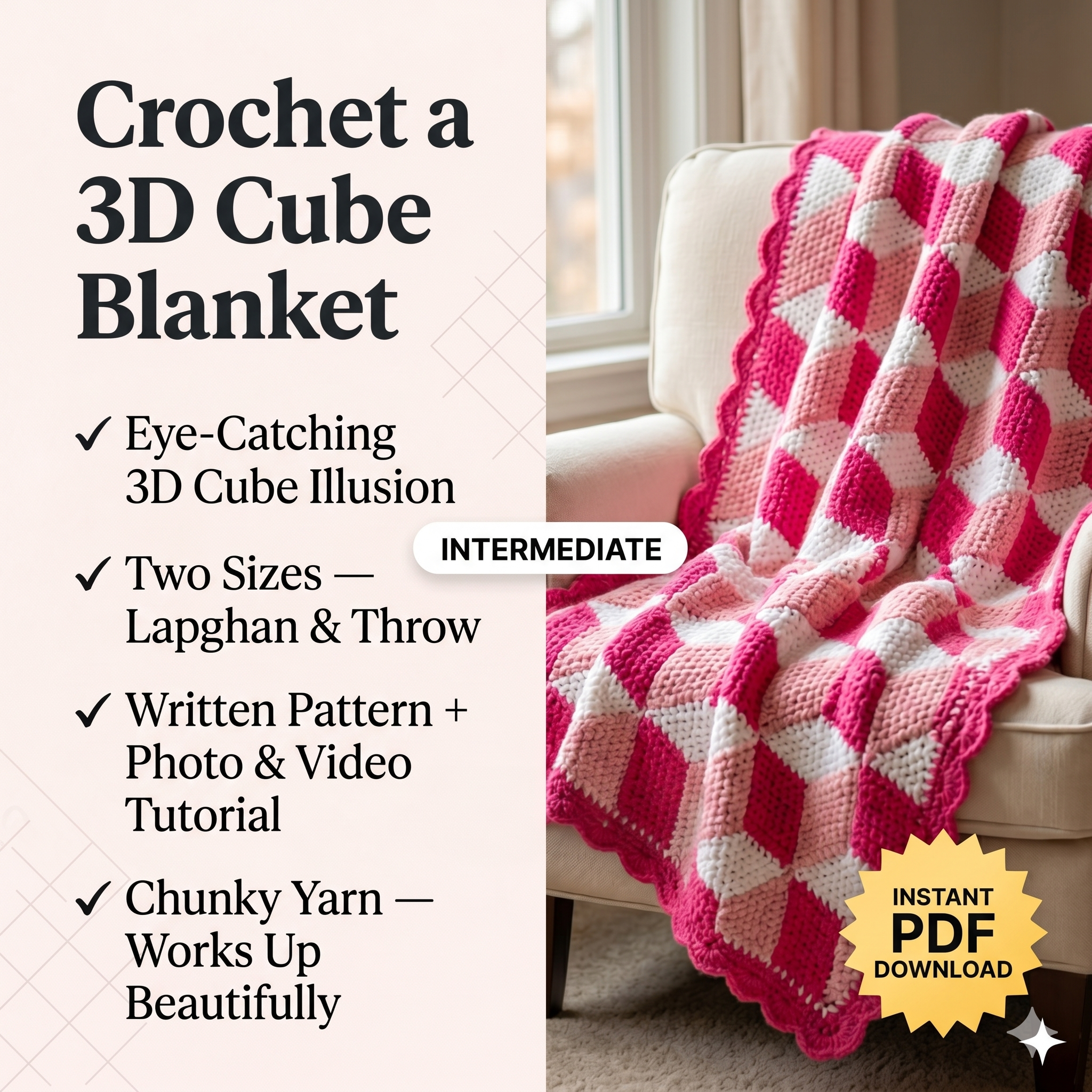 CROCHET PATTERN + VIDEO - 3D Cube Throw - Diamond Blanket / Afghan with 3D Cube Effect - Instant Pdf Pattern Download by Wilmade