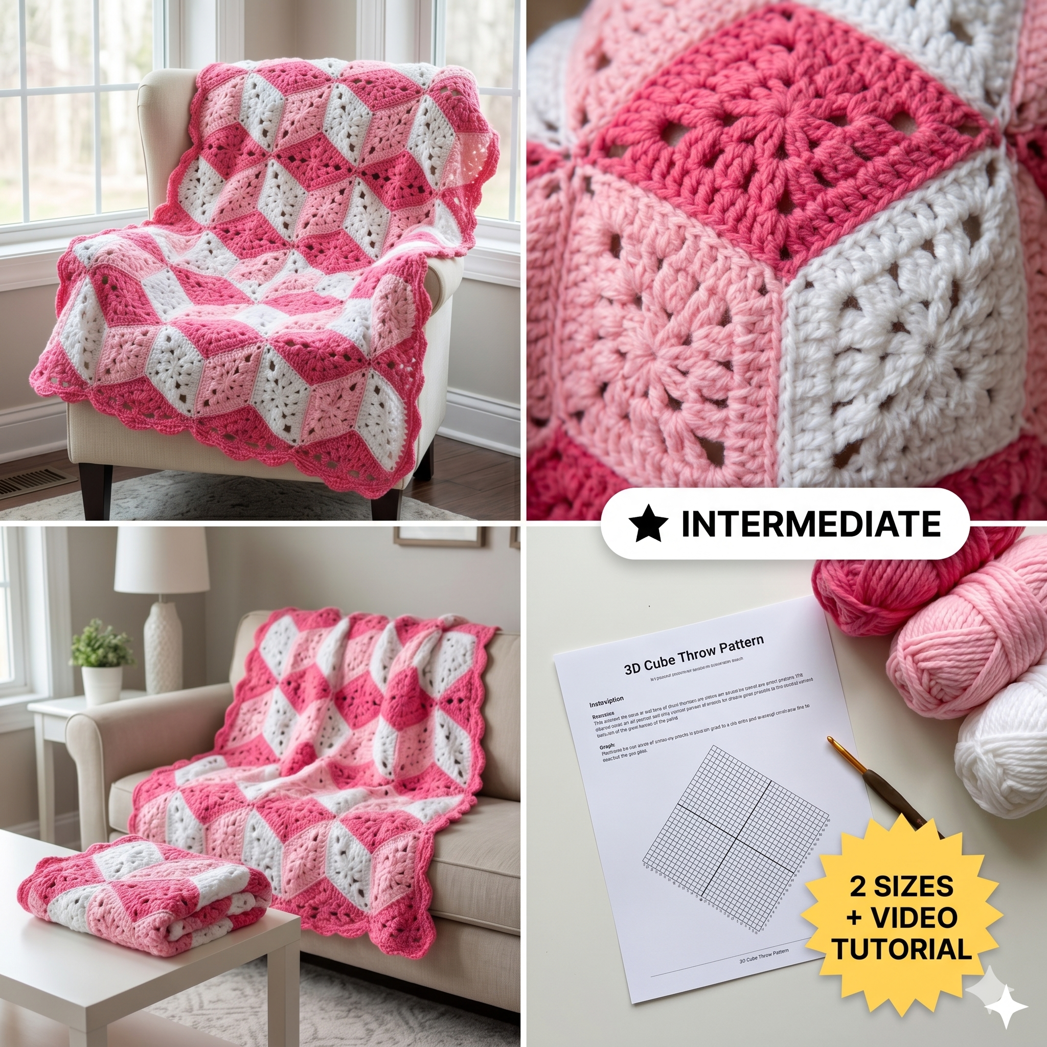 CROCHET PATTERN + VIDEO - 3D Cube Throw - Diamond Blanket / Afghan with 3D Cube Effect - Instant Pdf Pattern Download by Wilmade