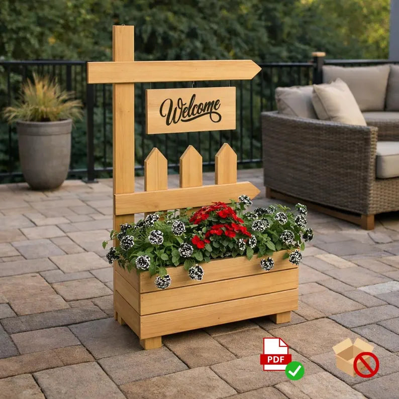 DIY Welcome Planter Plan PDF | Porch Sign Stand with Flower Box |Beginner Woodworking