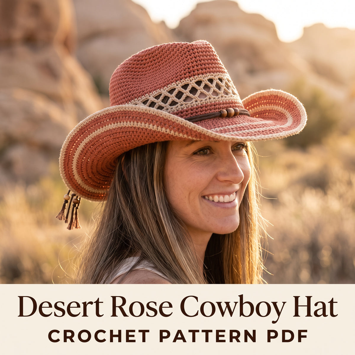 Crochet Cowboy Hat Pattern PDF, Desert Western Hat with Lattice Band and Fringe Cord, Terracotta Cowgirl Hat Crochet Pattern