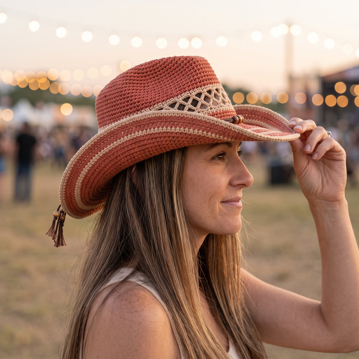 Crochet Cowboy Hat Pattern PDF, Desert Western Hat with Lattice Band and Fringe Cord, Terracotta Cowgirl Hat Crochet Pattern