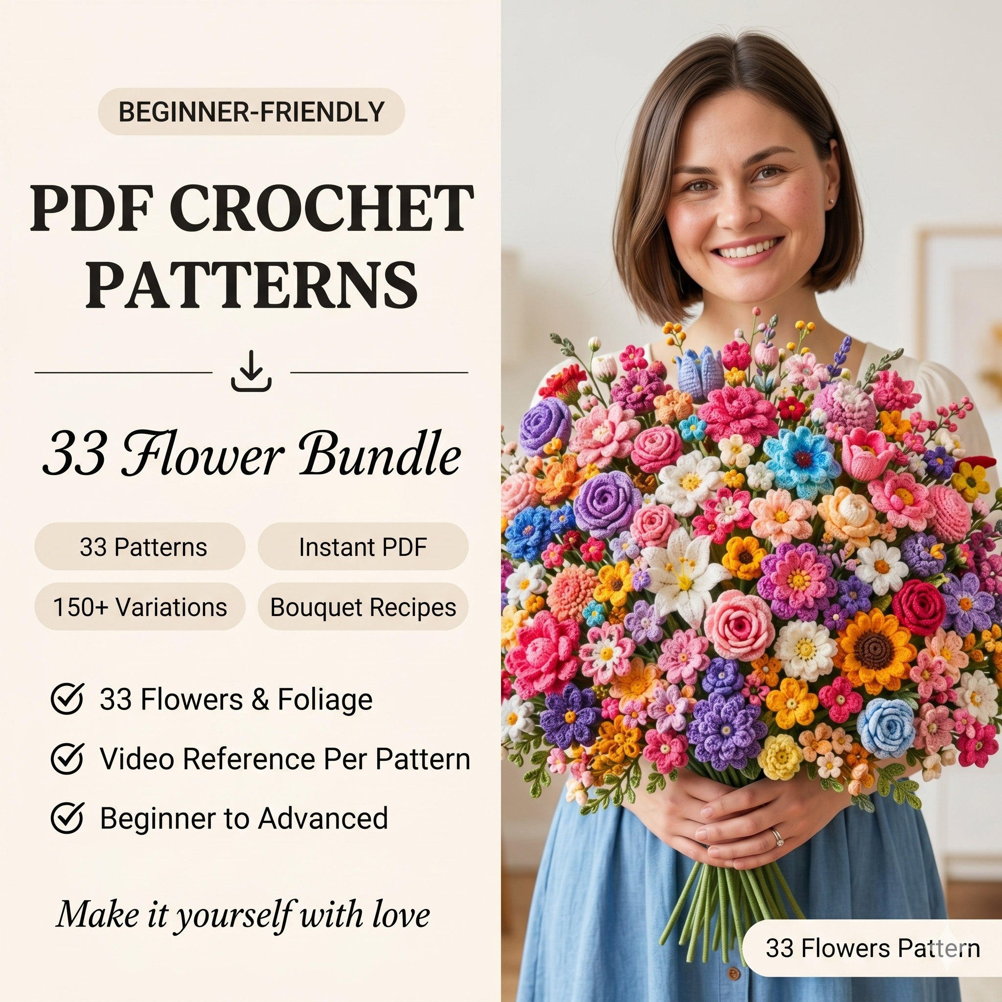 Flower crochet Patterns, 33 in 1 Bundle Floral Bouquet Designs PDF, mothers day gift amigurumi