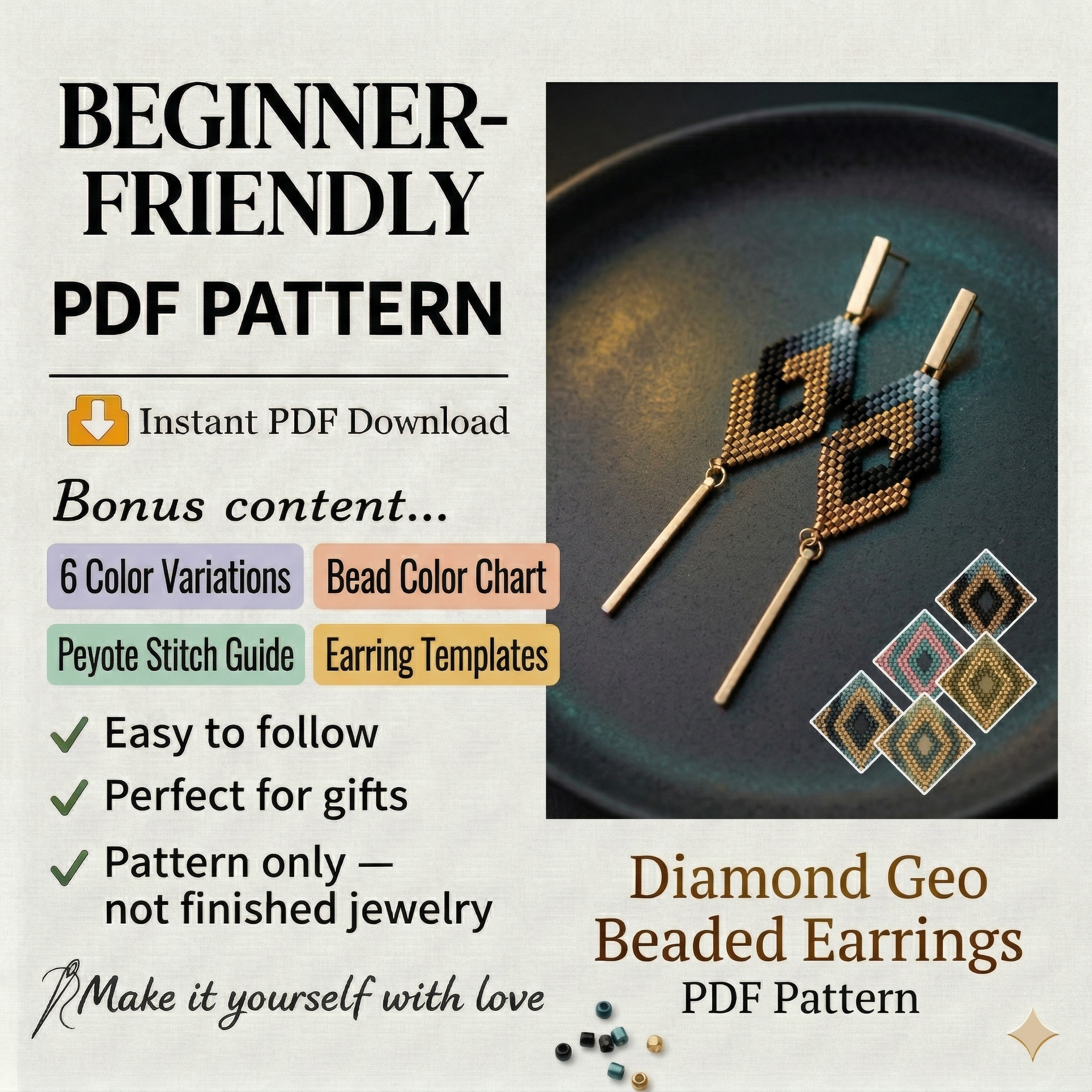 Diamond Beaded Earrings Pattern, Miyuki Delica Brick Stitch (PDF Tutorial)