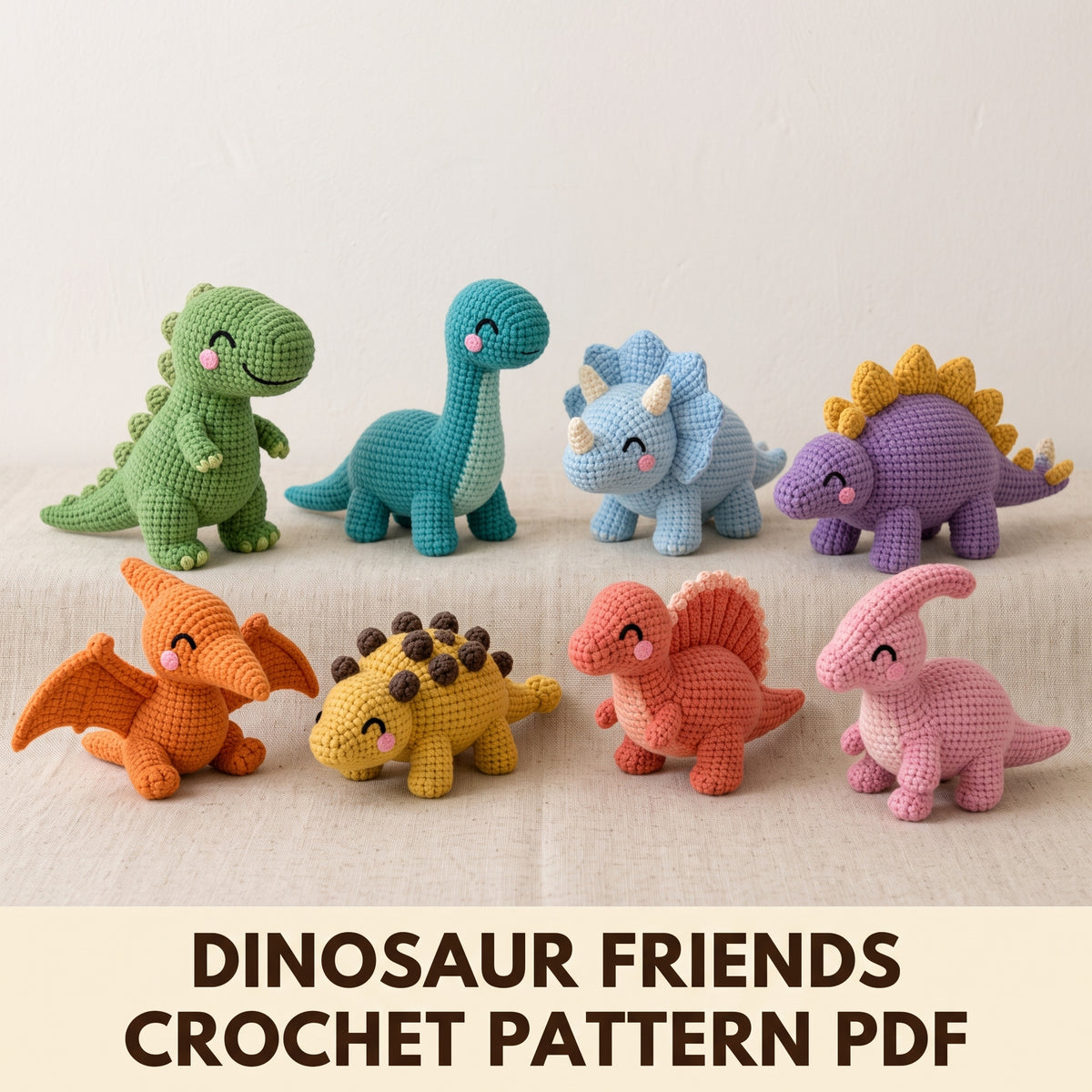 Dinosaur Crochet Pattern PDF, 8 Amigurumi Dinosaurs, T-Rex, Triceratops, Stegosaurus, Baby Safe Embroidered Eyes, Beginner