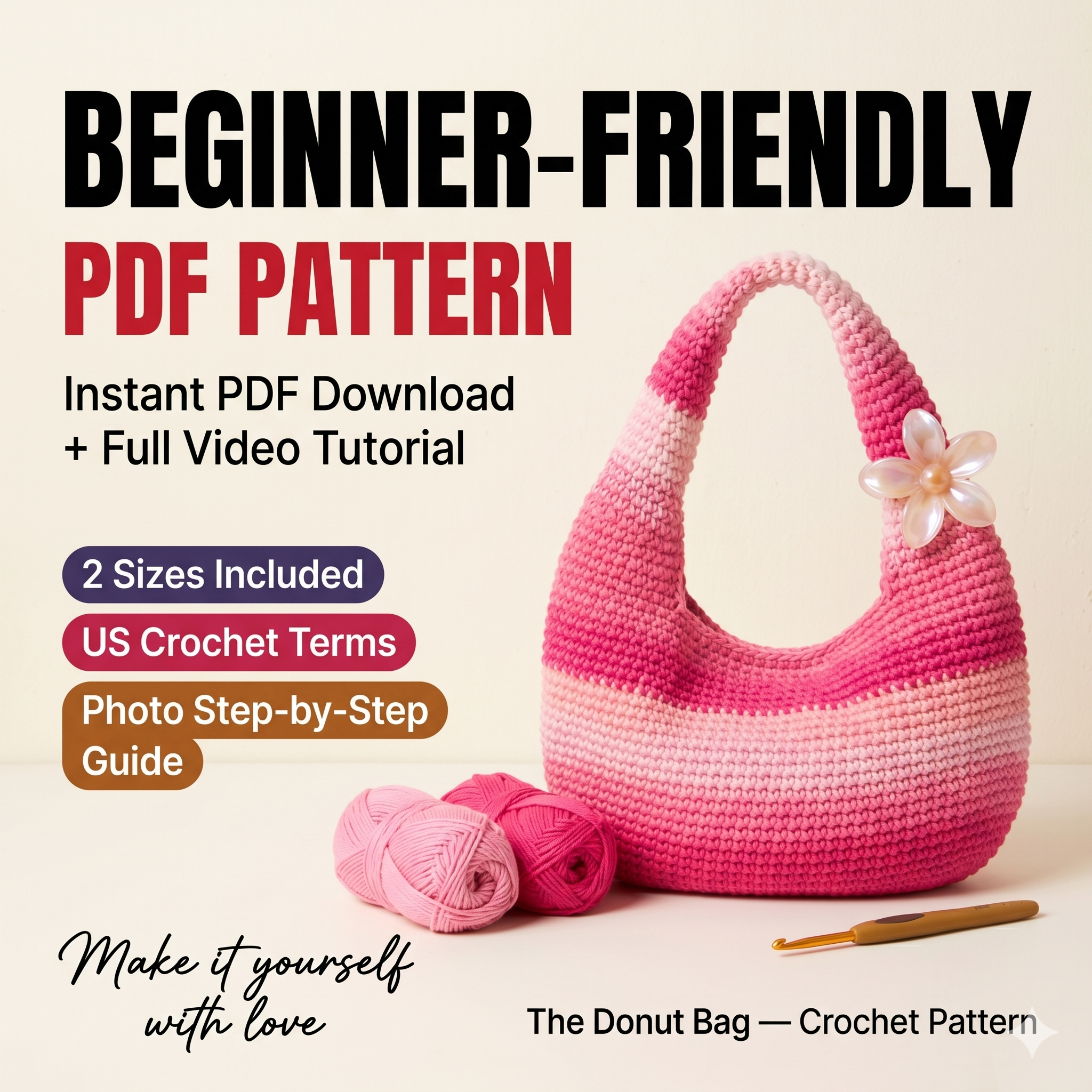 The Donut Bag (2 SIZES) by bygalk. beginner-friendly Crochet Bag Pattern with full video tutorial + step-by-step photo guides