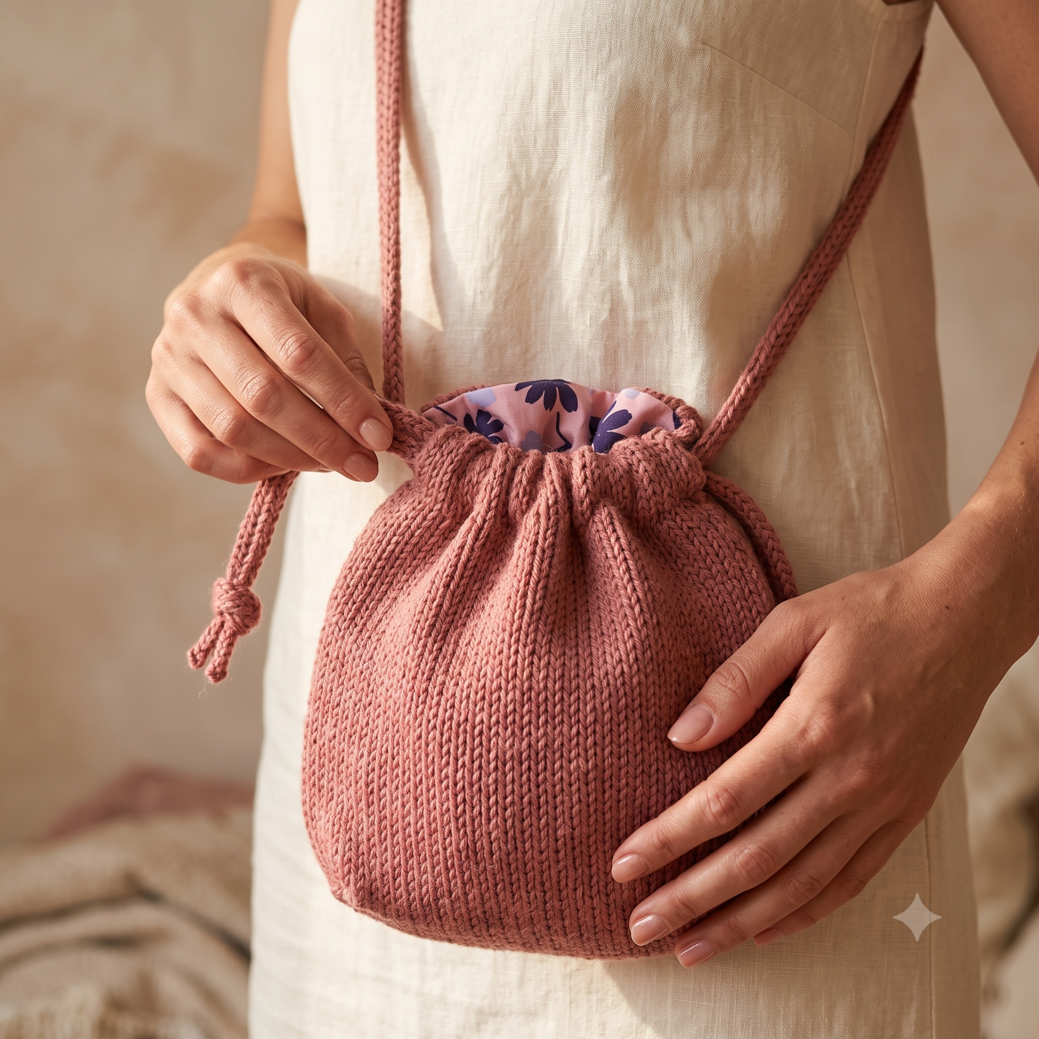 Drawstring Bucket Bag Knitting Pattern – PDF Knit Pouch Purse in 3 Sizes – Beginner-Friendly Intermediate Project – Crossbody Knit Bag with Cord & Strap – Instant Download