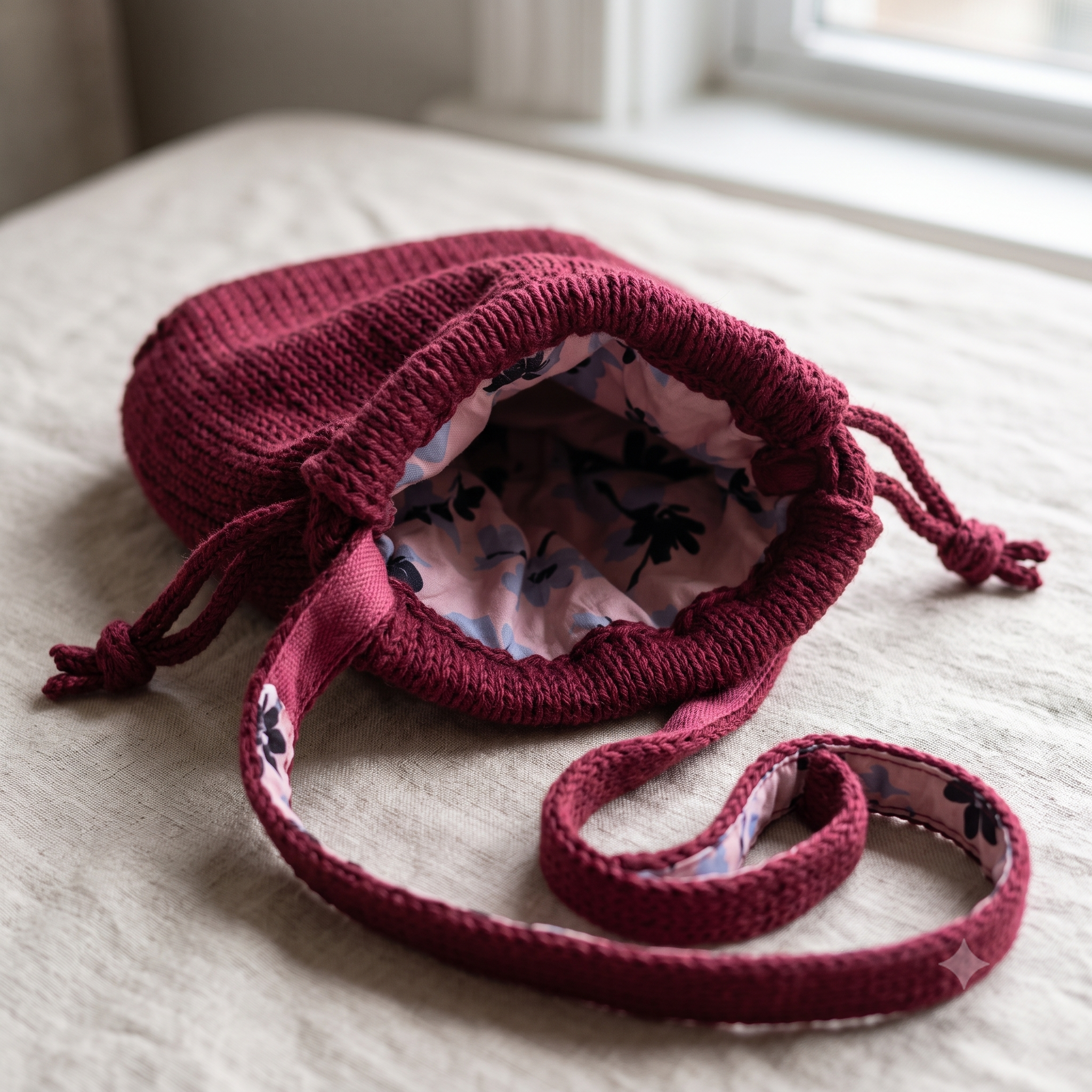 Drawstring Bucket Bag Knitting Pattern – PDF Knit Pouch Purse in 3 Sizes – Beginner-Friendly Intermediate Project – Crossbody Knit Bag with Cord & Strap – Instant Download