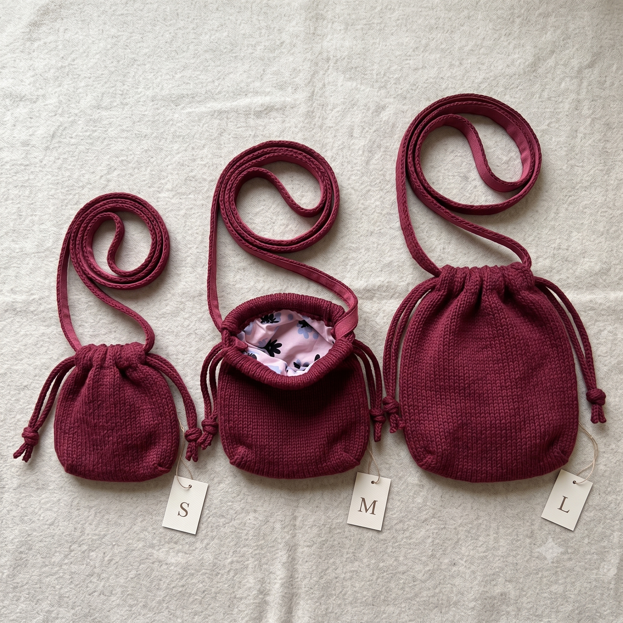 Drawstring Bucket Bag Knitting Pattern – PDF Knit Pouch Purse in 3 Sizes – Beginner-Friendly Intermediate Project – Crossbody Knit Bag with Cord & Strap – Instant Download