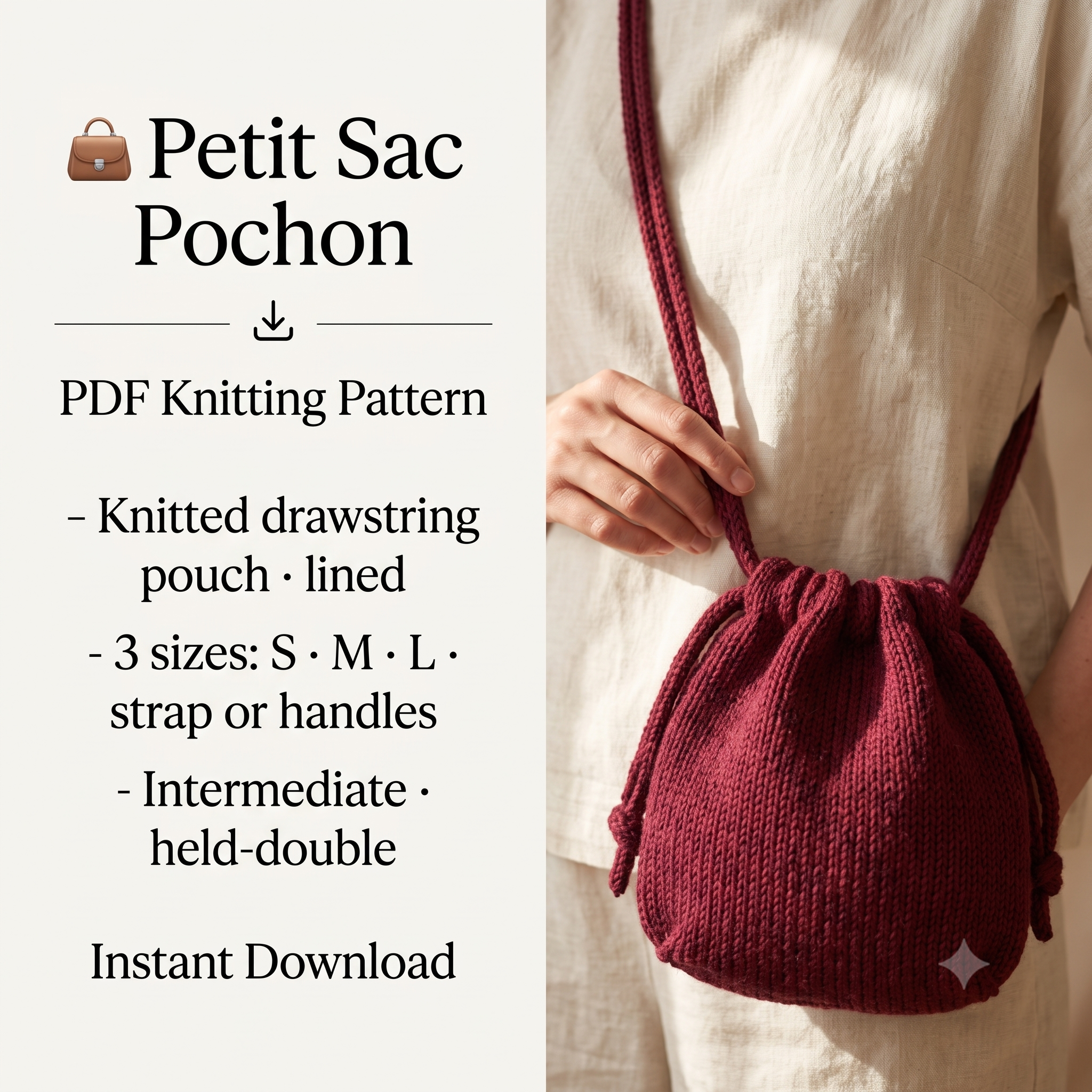 Drawstring Bucket Bag Knitting Pattern – PDF Knit Pouch Purse in 3 Sizes – Beginner-Friendly Intermediate Project – Crossbody Knit Bag with Cord & Strap – Instant Download