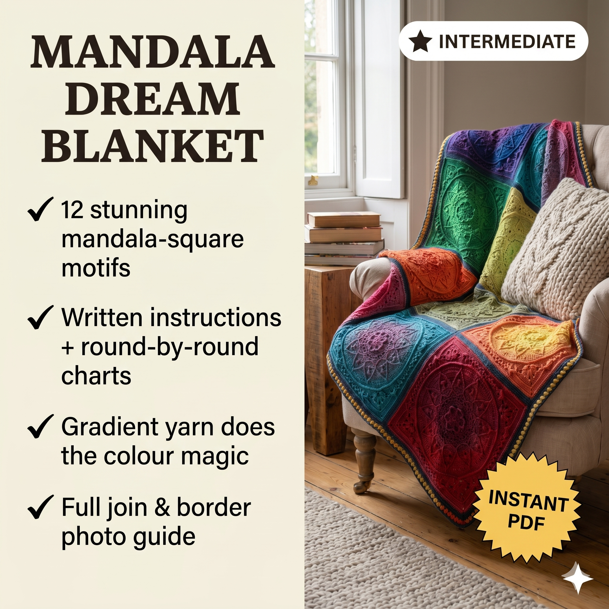 PDF pattern - Sophie's Dream Crochet blanket - crochet afghan - crochet throw - motif based crochet blanket