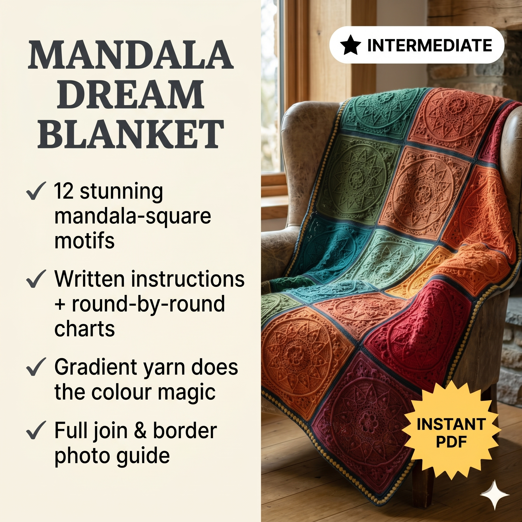 PDF pattern - Sophie's Dream Crochet blanket - crochet afghan - crochet throw - motif based crochet blanket
