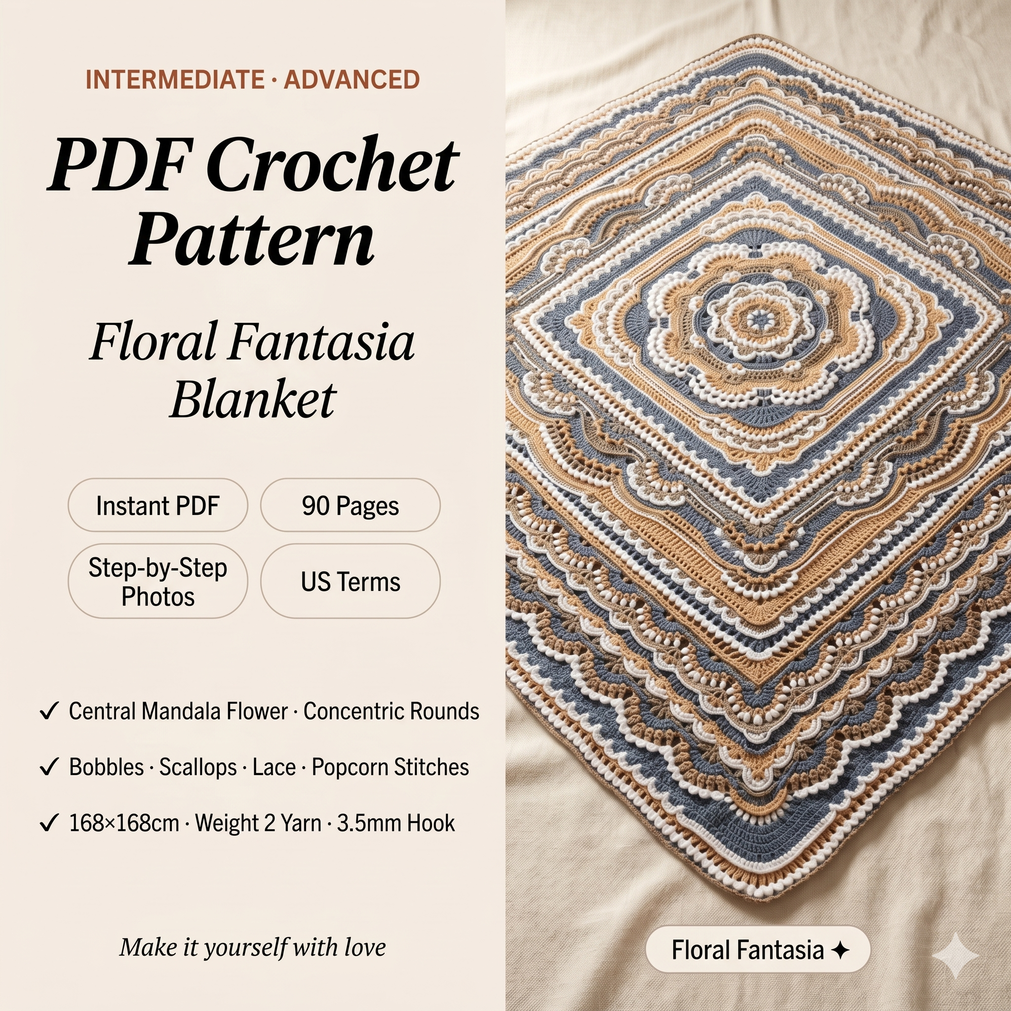 Crochet blanket pattern pdf file FLORAL FANTASIA blanket pattern photo tutorial girl vintage vibe blanket pattern