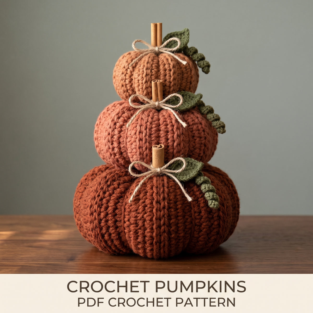 Crochet Pumpkin Pattern PDF | 3 Sizes Chunky Fall Pumpkins with Leaf & Tendril | Cinnamon Stick Stem | Autumn Decor