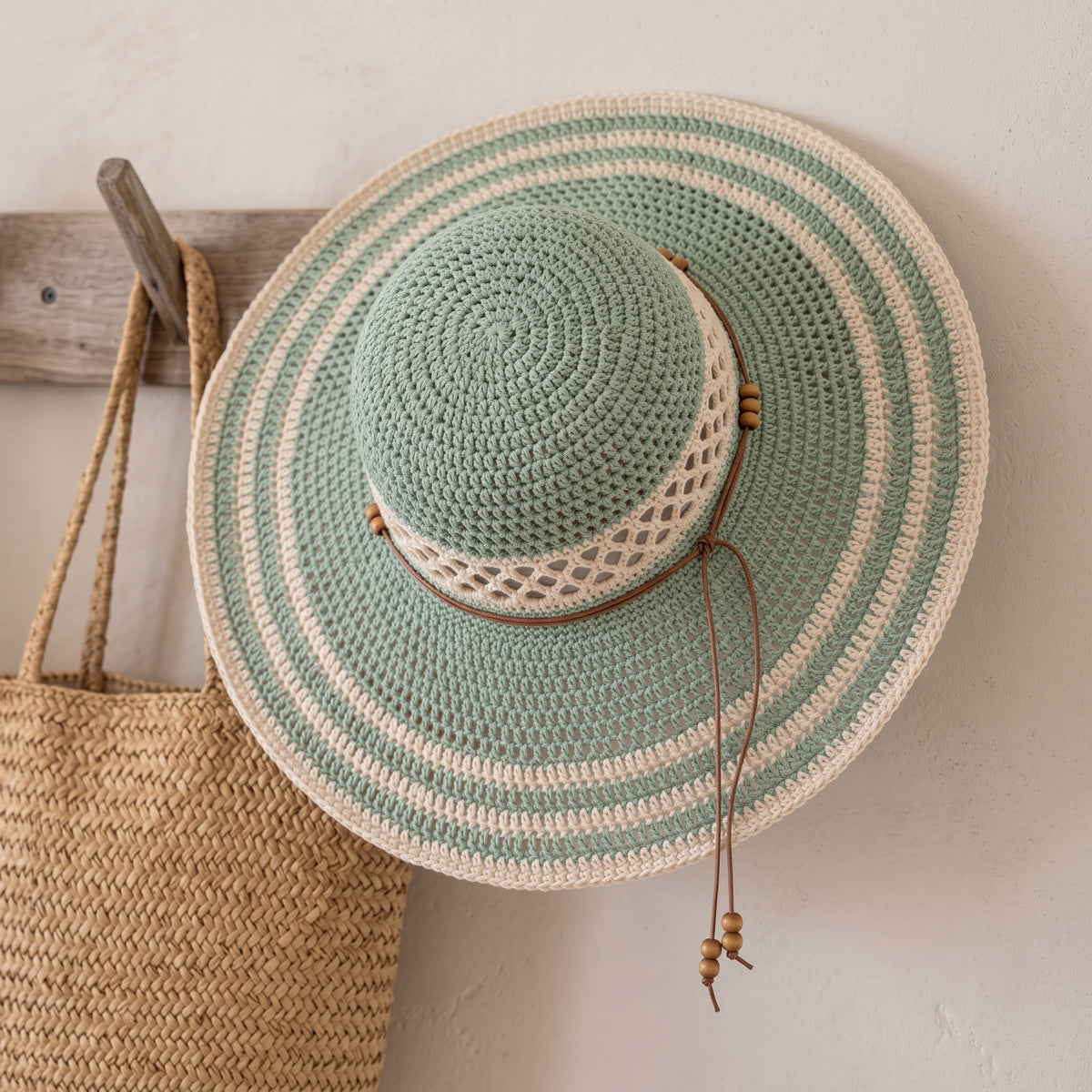 Crochet Sun Hat Pattern PDF, Wide Brim Beach Hat with Lattice Band, Floppy Summer Hat Crochet Pattern, Mint and Cream